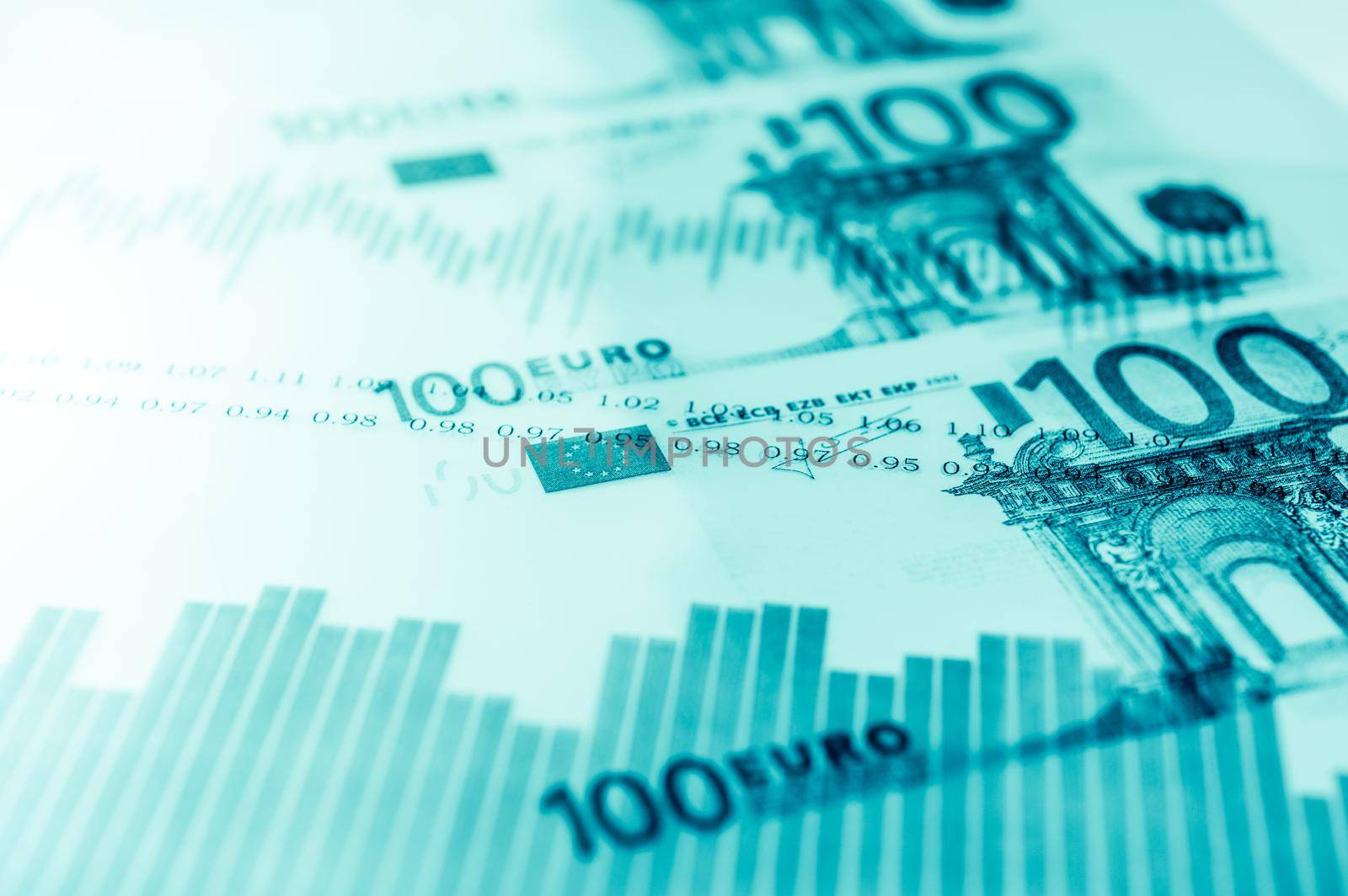 Double exposure Stock market display or forex trading graph and candlestick chart on Euro banknote. Economy trends background for business idea and all art work design. Abstract finance background.