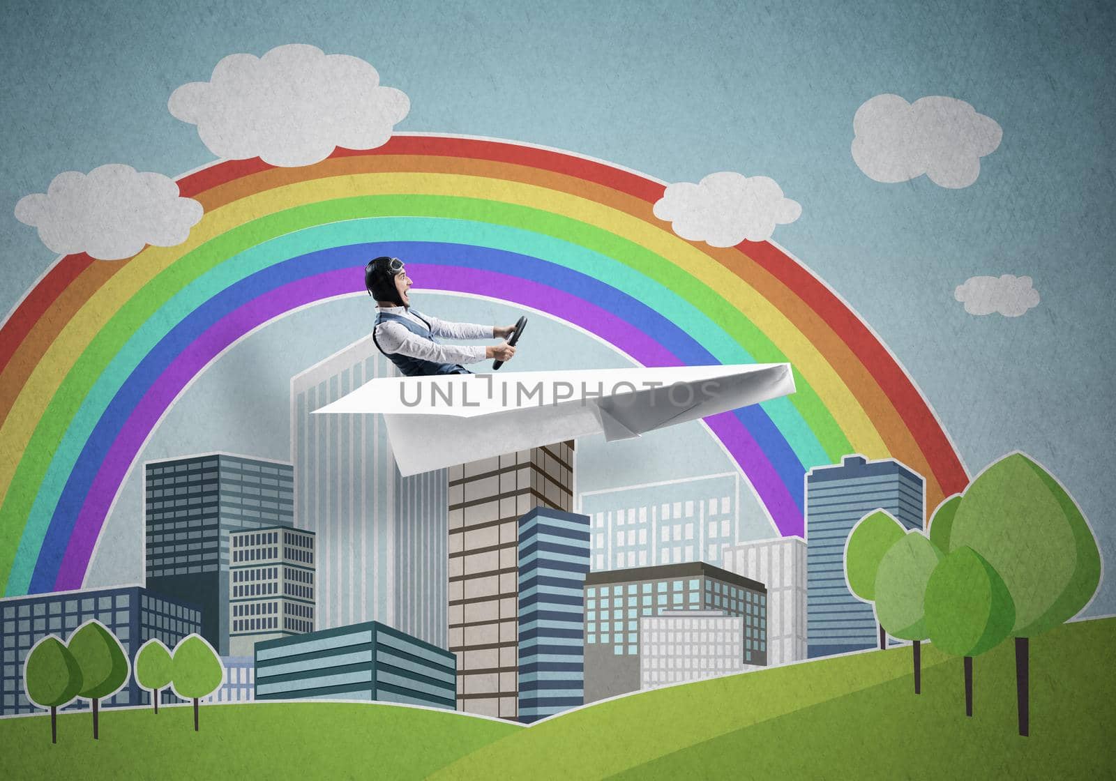 Aircraft pilot sitting in paper plane and holding steering wheel. Aviator driving paper plane on background of city illustration. Cityscape with rainbow and high skyscrapers and office buildings.