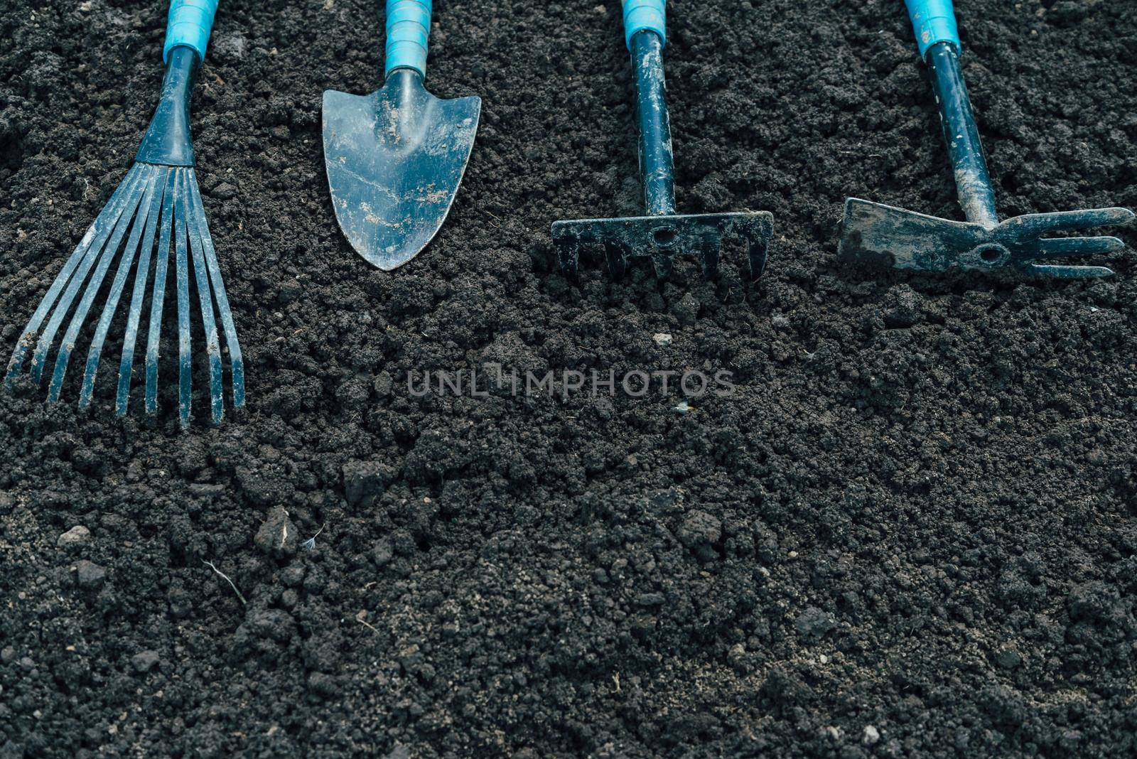 Tools for gardening on soil, top view, space for text