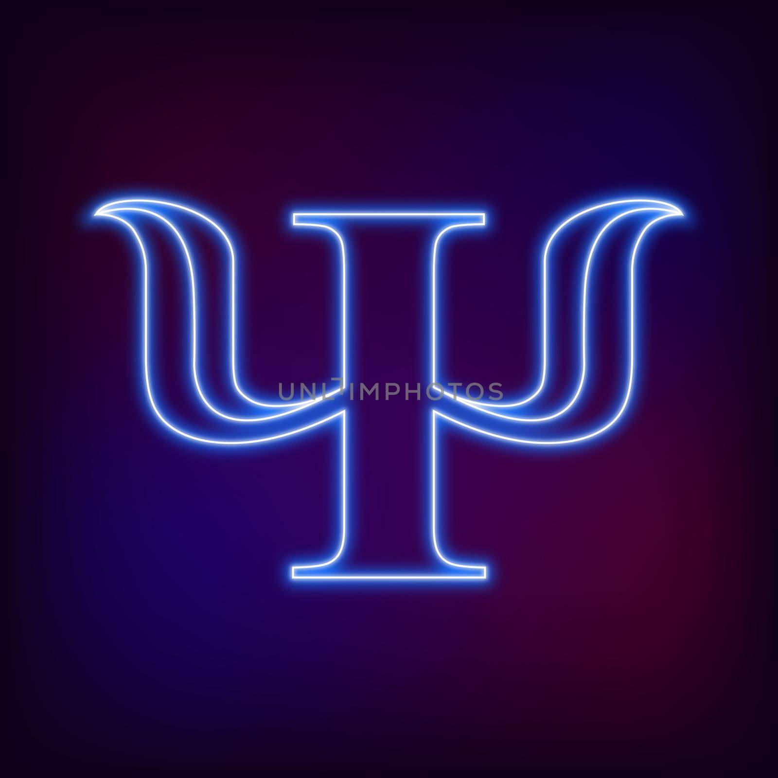 Modern Sign Logo of Psychology. Psi. Creative style. Icon in . Design concept. Brand company. Neon blue color letter on blur background. Symbol for web, print, card, flyer. Logotype by DesignAB