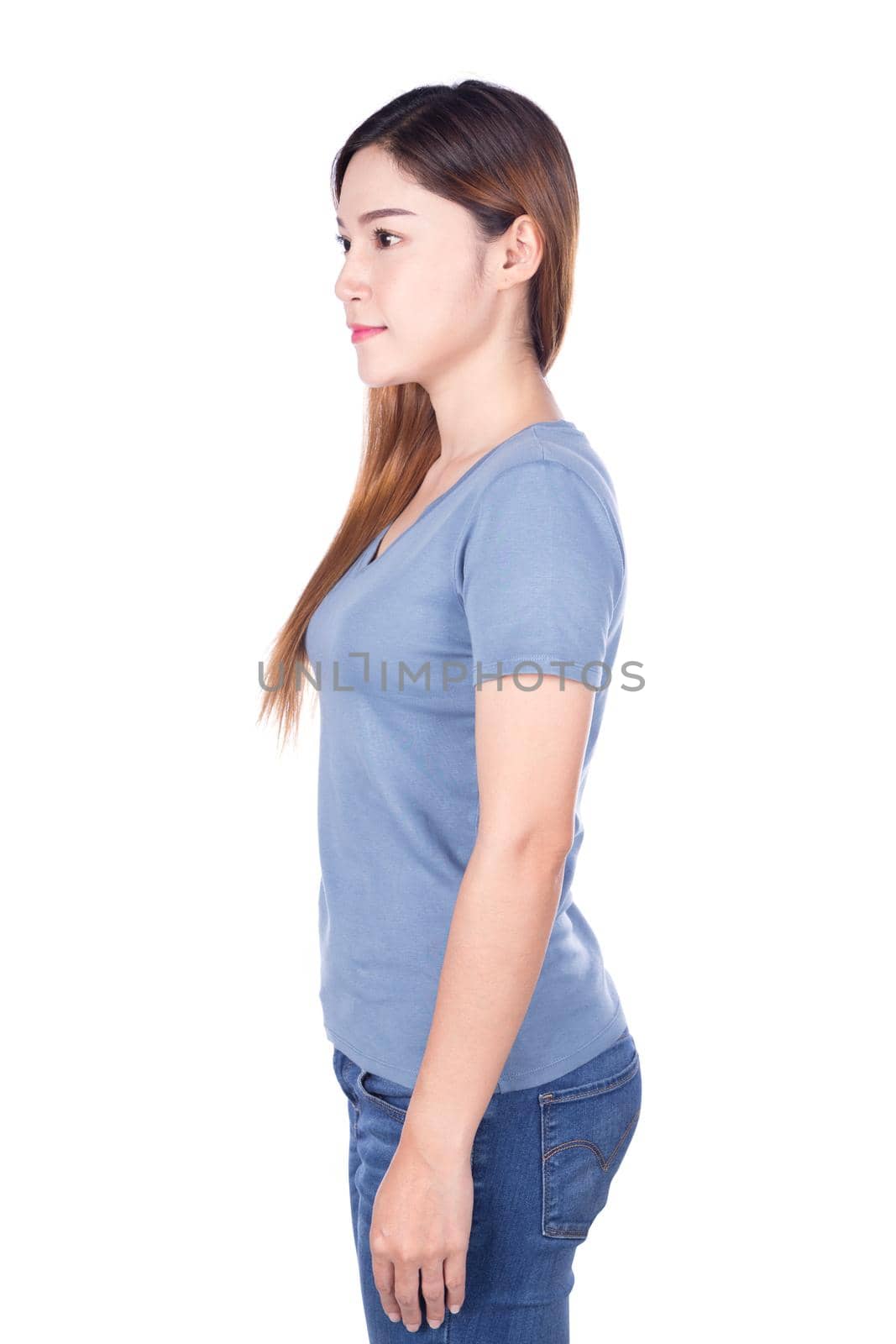 woman in blue t-shirt isolated on white background (side view) by geargodz