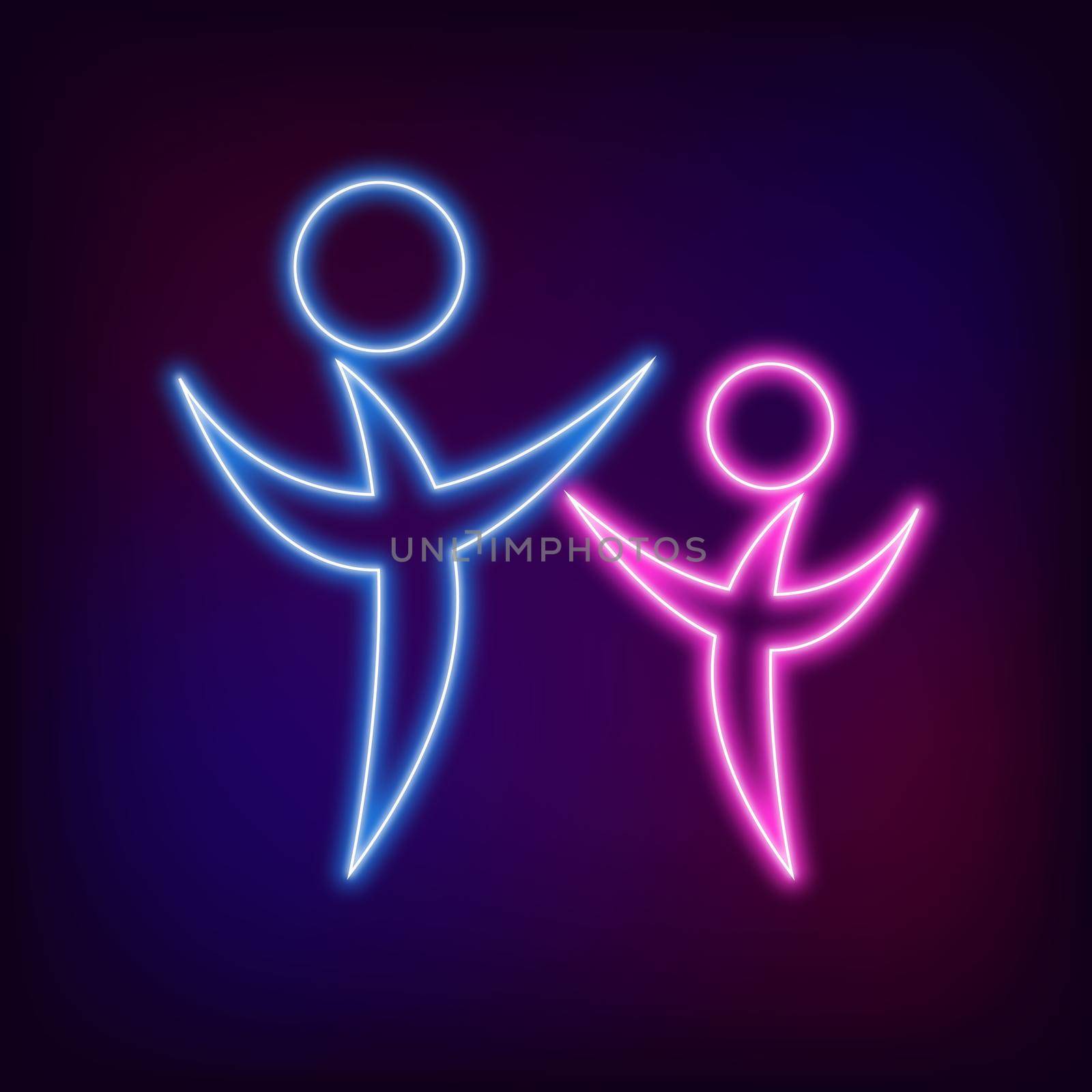 Modern Neon logo people psi Sign of Psychology. Family Human. Creative style. Icon in . Design concept. Brand company. violet blue color isolated on blur background. Symbol for web, print, logotype by DesignAB