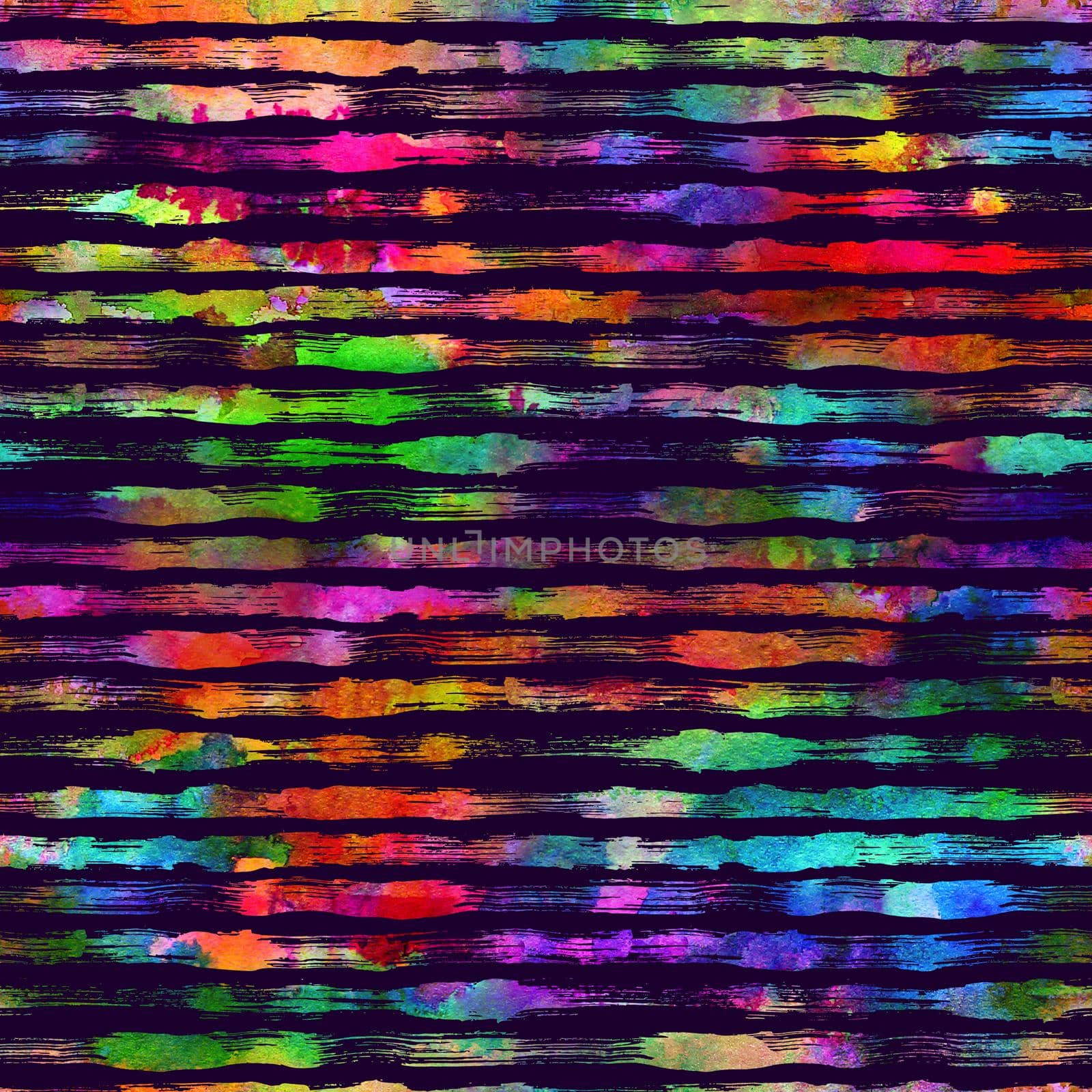 seamless pattern with brush stripes and strokes. Rainbow color on violet background. Hand painted grange texture. Ink geometric elements. Fashion modern style. Endless trend fabric print. Unusual.
