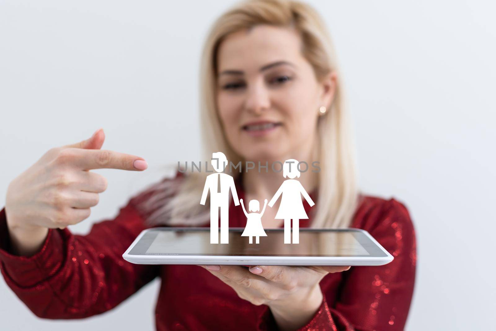 Image of businesswoman with tablet virtual people.