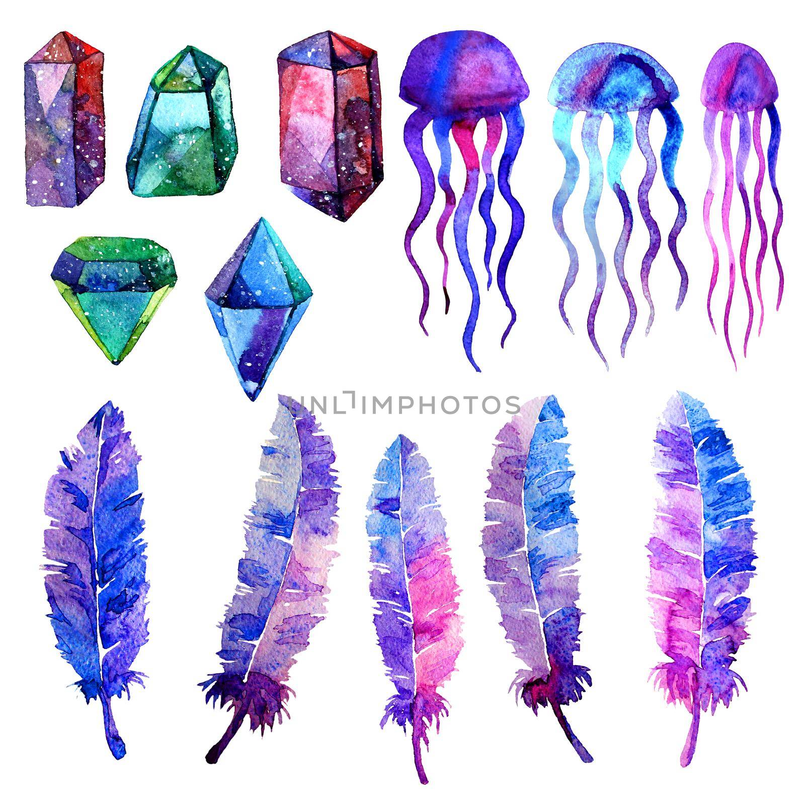 Multicolor minerals. Watercolor illustration of crystal, jellyfish and bird feathers. Isolated on white background. Elements for wallpaper, textile, seamless patterns. Hand painted.