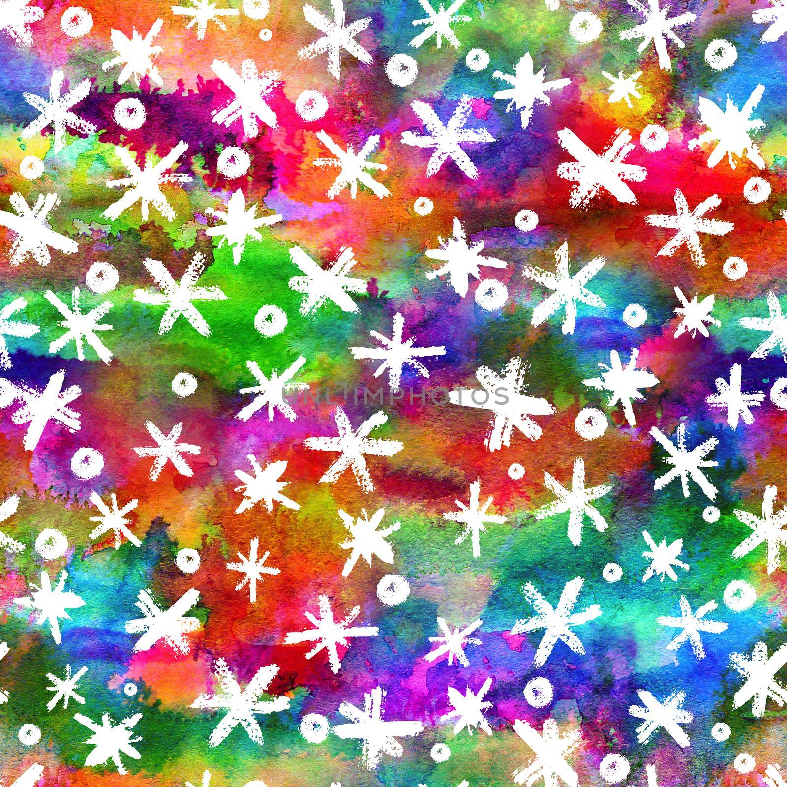 Watercolor Seamless pattern with hand drawn snowflakes. Abstract brush strokes. Ink illustration. White on rainbow background. . New year and Christmas fabric design. Holiday print. Rainbow color.