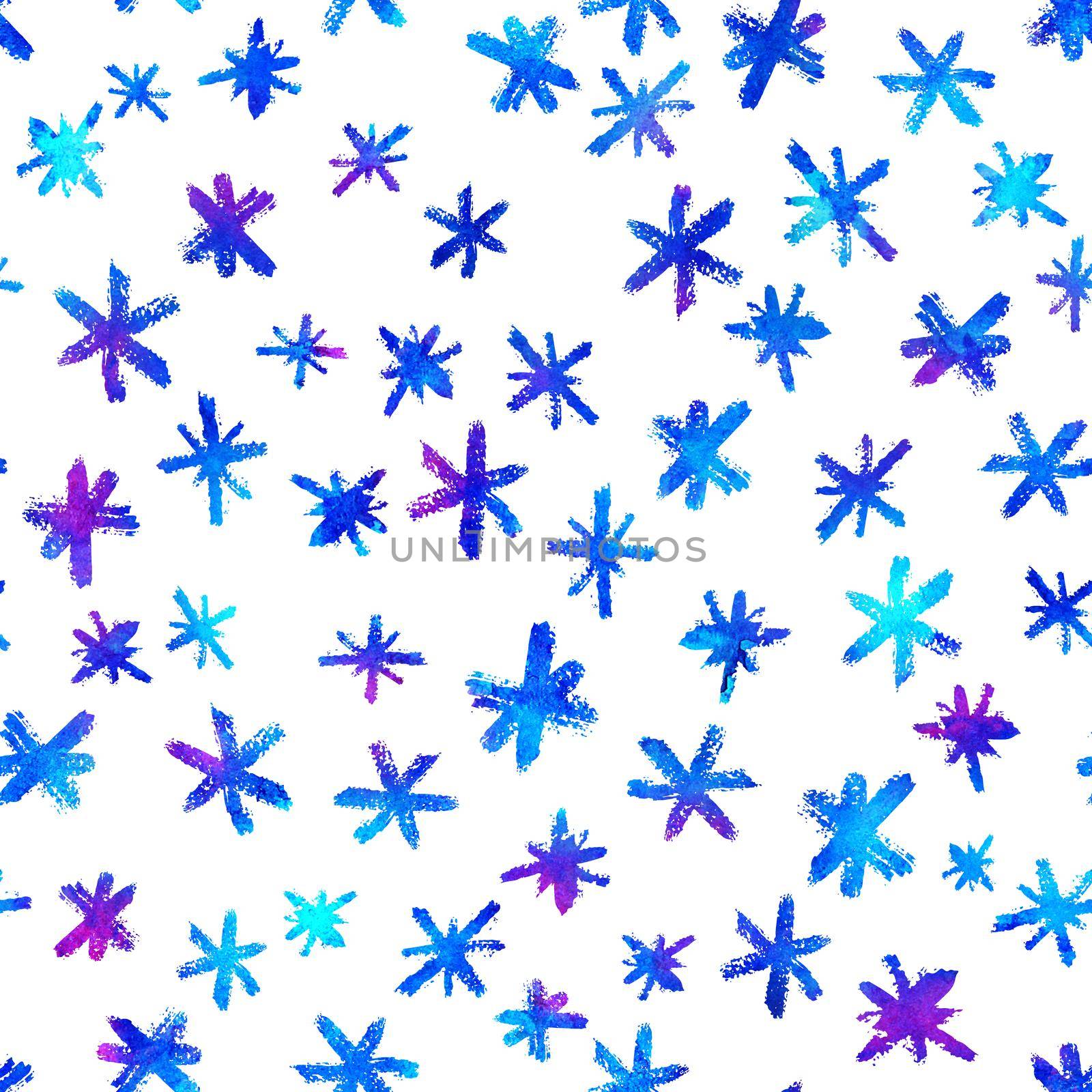 Watercolor Seamless pattern with hand drawn snowflakes. Abstract brush strokes. Ink illustration. Isolated on white background. . New year and Christmas fabric design. Holiday print. Blue color.