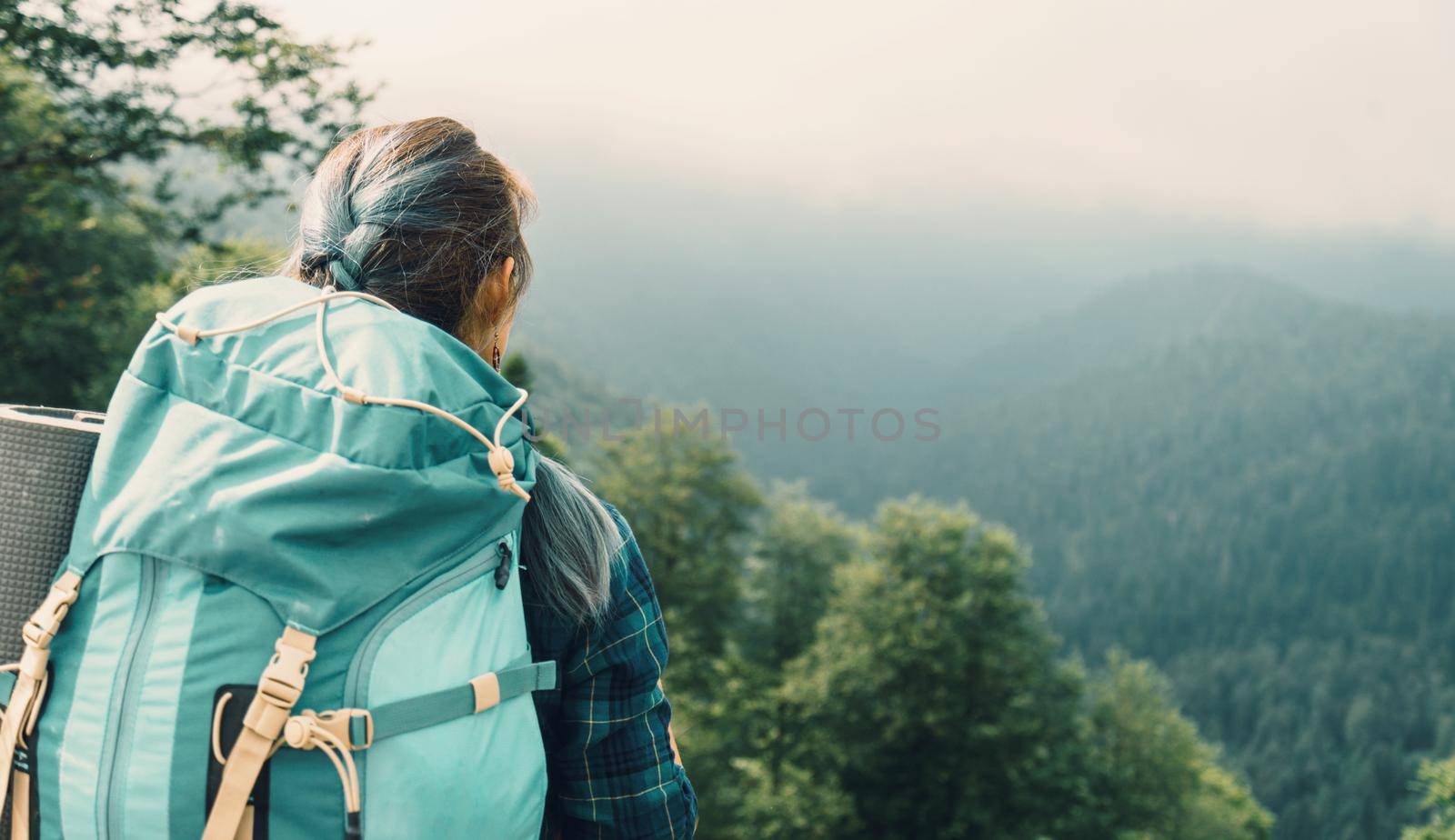 Traveler young woman with backpack looking at the mountains in summer, rear view by alexAleksei