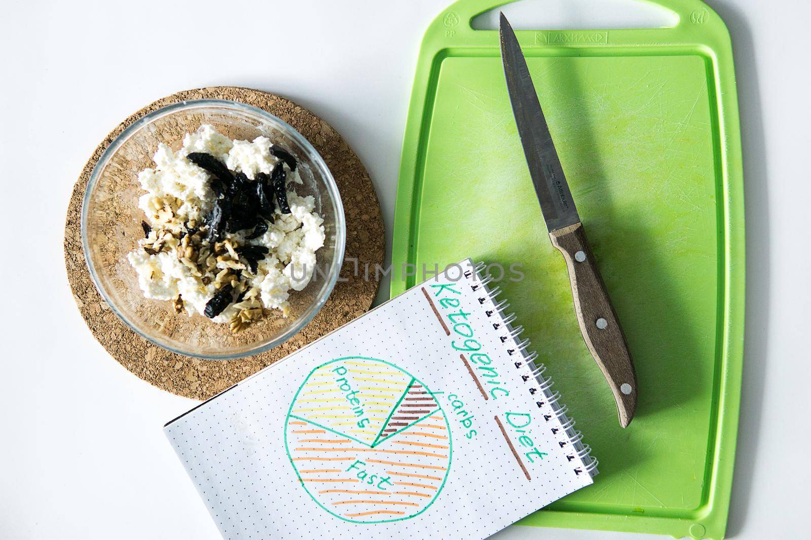 Cooking Breakfast on a Keto diet: cottage cheese with walnuts and prunes. Folding ingredients into a single bowl. Diet with nutrition diagram written on a note. Cooking process, step 4.