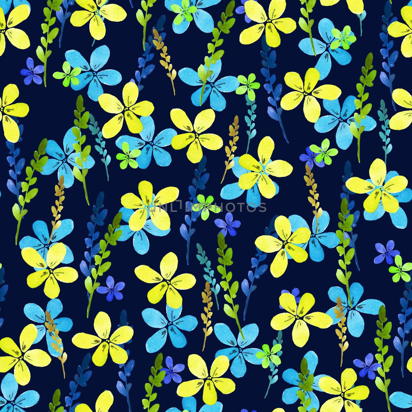 Seamless floral pattern with watercolor blue yellow flowers and leaves in vintage style on blue background. Hand made. Ornate for textile, fabric, wallpaper, print. Nature illustration. Painting elements.