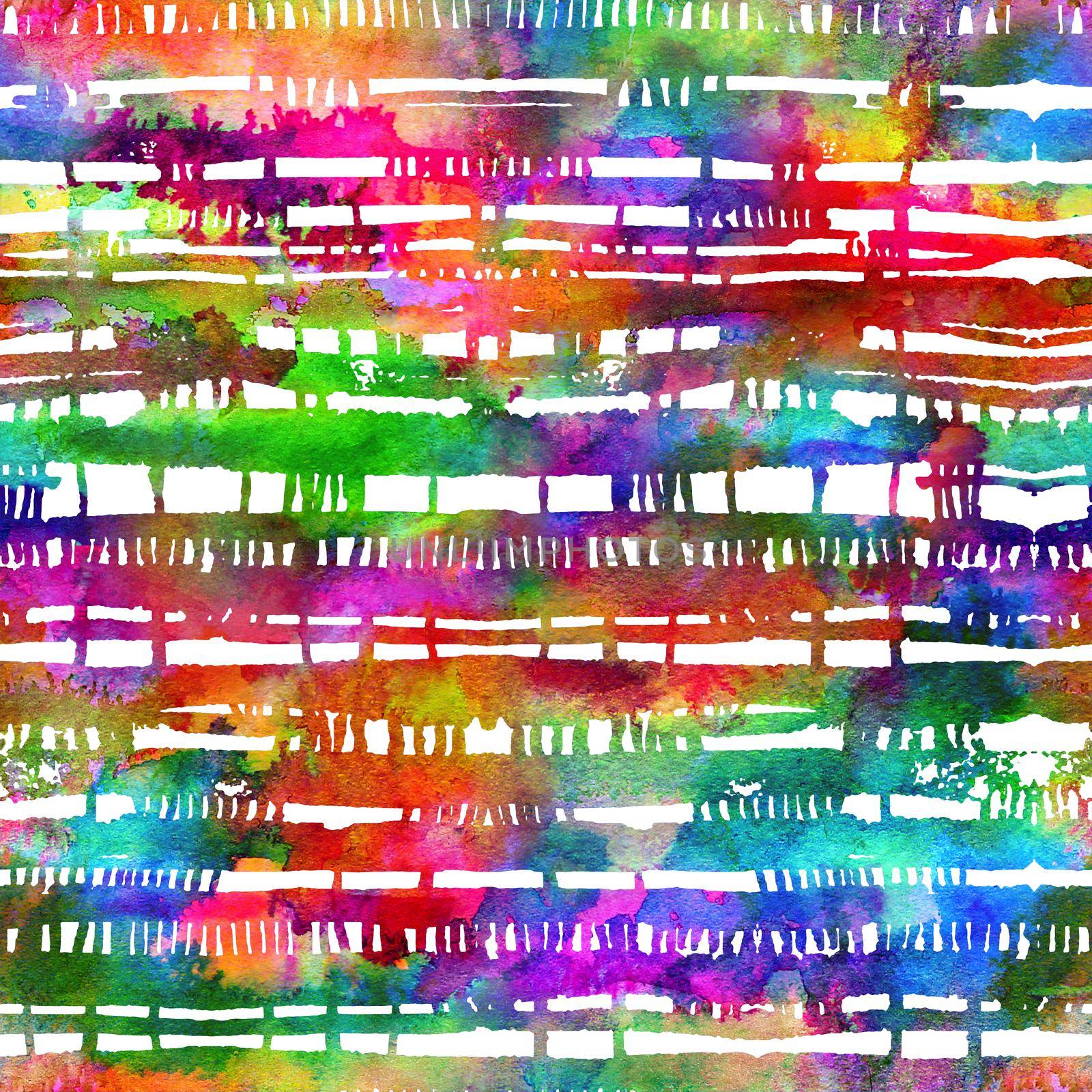 seamless pattern with brush stripes and strokes. Rainbow watercolor color on white background. Hand painted grange texture. Ink geometric elements. Fashion modern style. Endless fabric print. Teen art by DesignAB