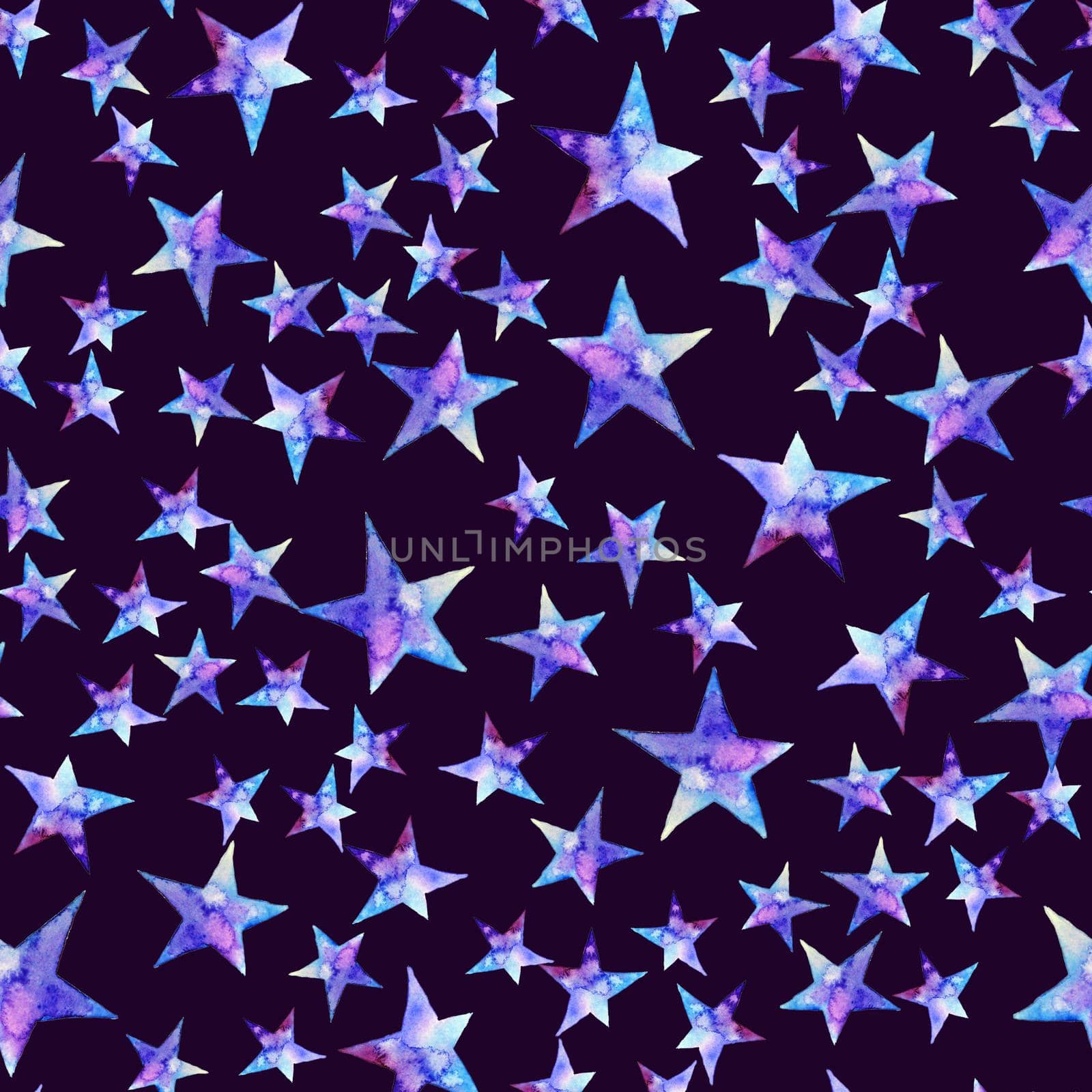 Seamless pattern of Colorful watercolor star icon. illustration on dark background. Blue and violet. Isolated. Hand-drawn by DesignAB