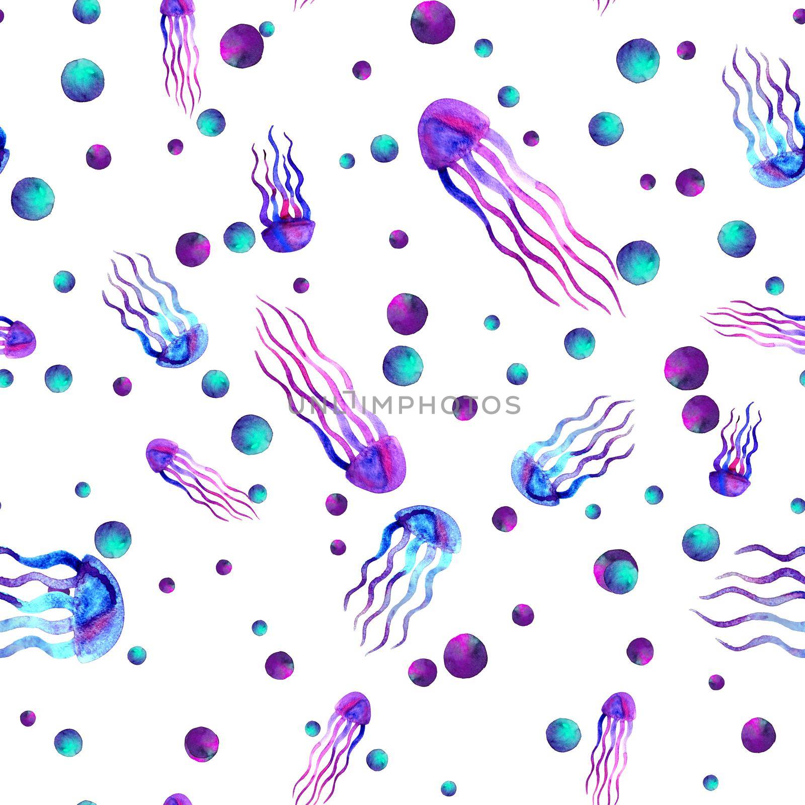 Hand drawn jellyfish. Watercolor pattern. Sea seamless element. Design on white background. Unusual and modern. For textile, fabric wallpaper. Blue pink violet by DesignAB