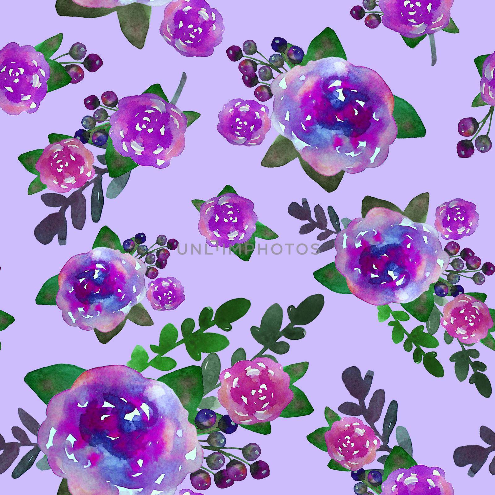 Romantic floral seamless pattern with rose flowers and leaf. Print for textile wallpaper endless. Hand-drawn watercolor elements. Beauty bouquets. Pink, violet . green on blue background. by DesignAB