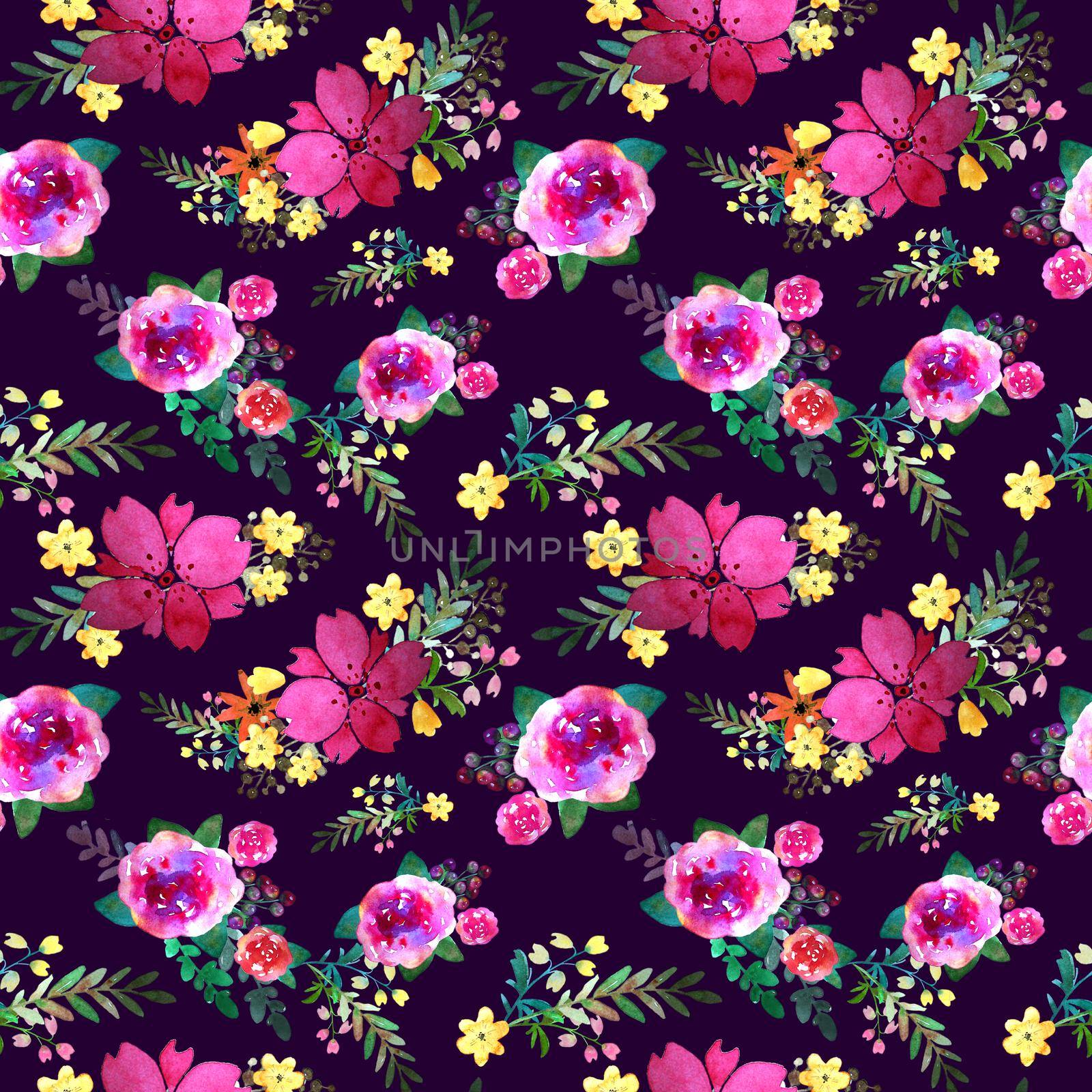 Romantic floral seamless pattern with rose flowers and leaf. Print for textile wallpaper endless. Hand-drawn watercolor elements. Beauty bouquets. Pink, red. green on dark background. by DesignAB