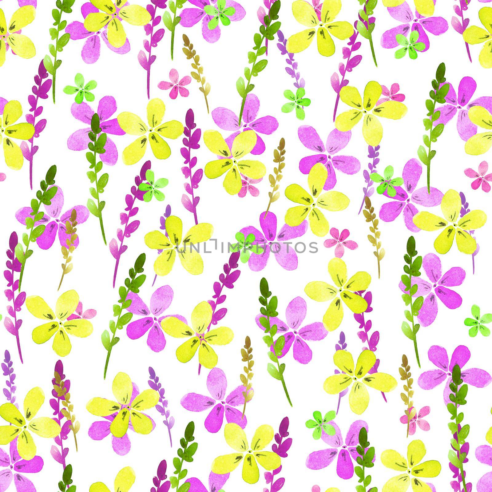 Seamless floral pattern with watercolor yellow pink flowers and leaves in vintage style on white background. Hand made. Ornate for textile, fabric, wallpaper, print. Nature illustration. Painting elements.