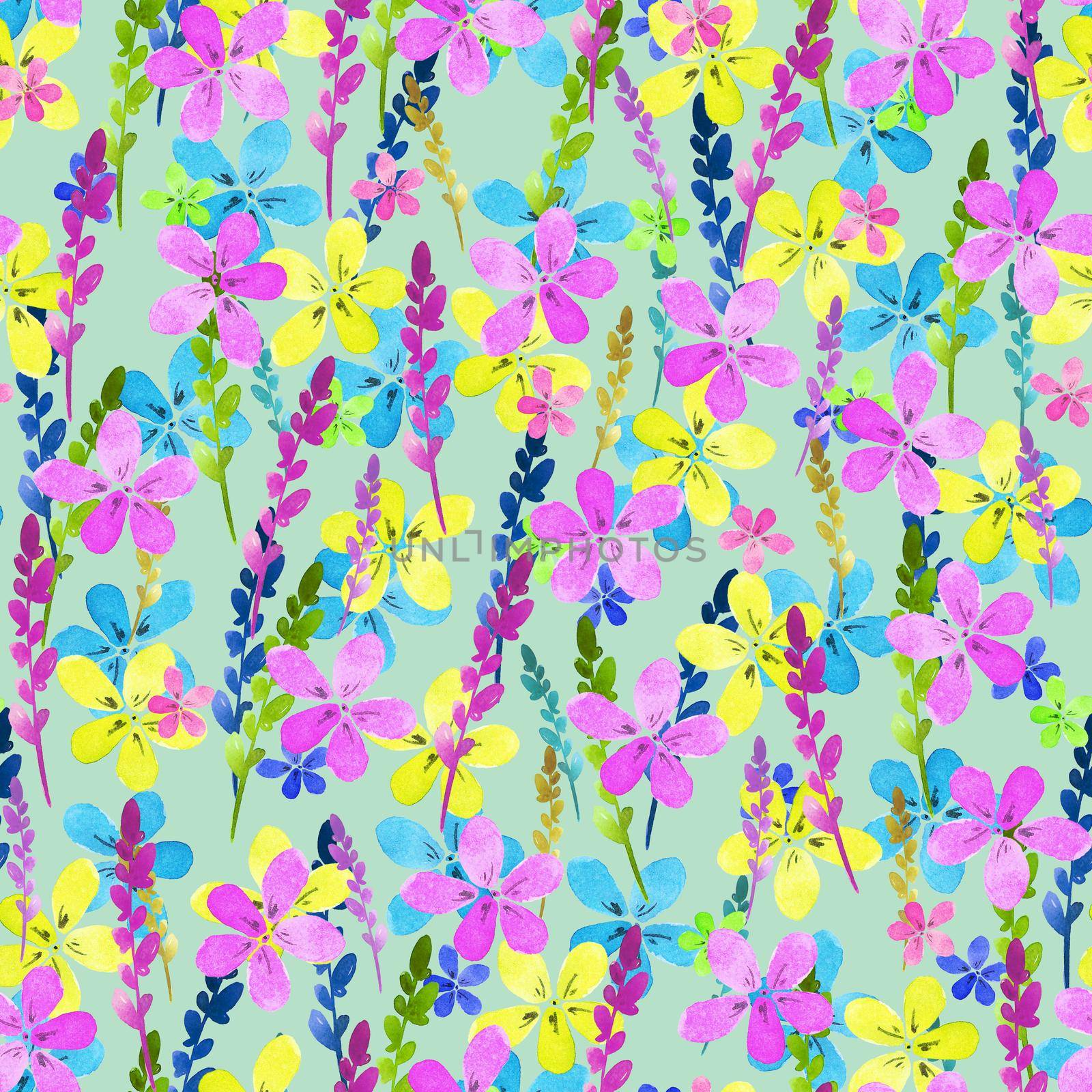 Seamless floral pattern with watercolor blue pink yellow flowers and leaves in vintage style on blue background. Hand made. Ornate for textile, fabric, wallpaper, print. Nature illustration. Painting elements.