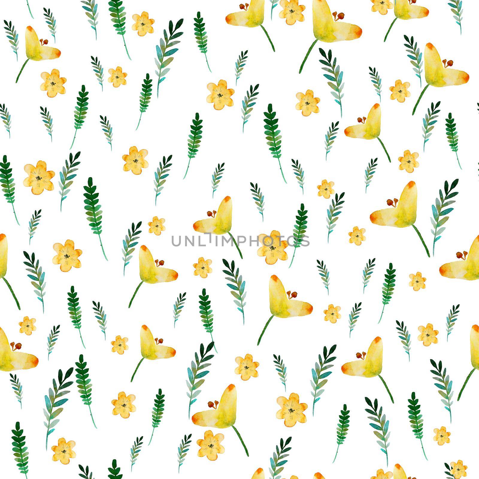 Seamless floral pattern with watercolor yellow flowers and leaves in vintage style. Hand made. Ornate for textile, fabric, wallpaper. Nature illustration. Painting elements. by DesignAB