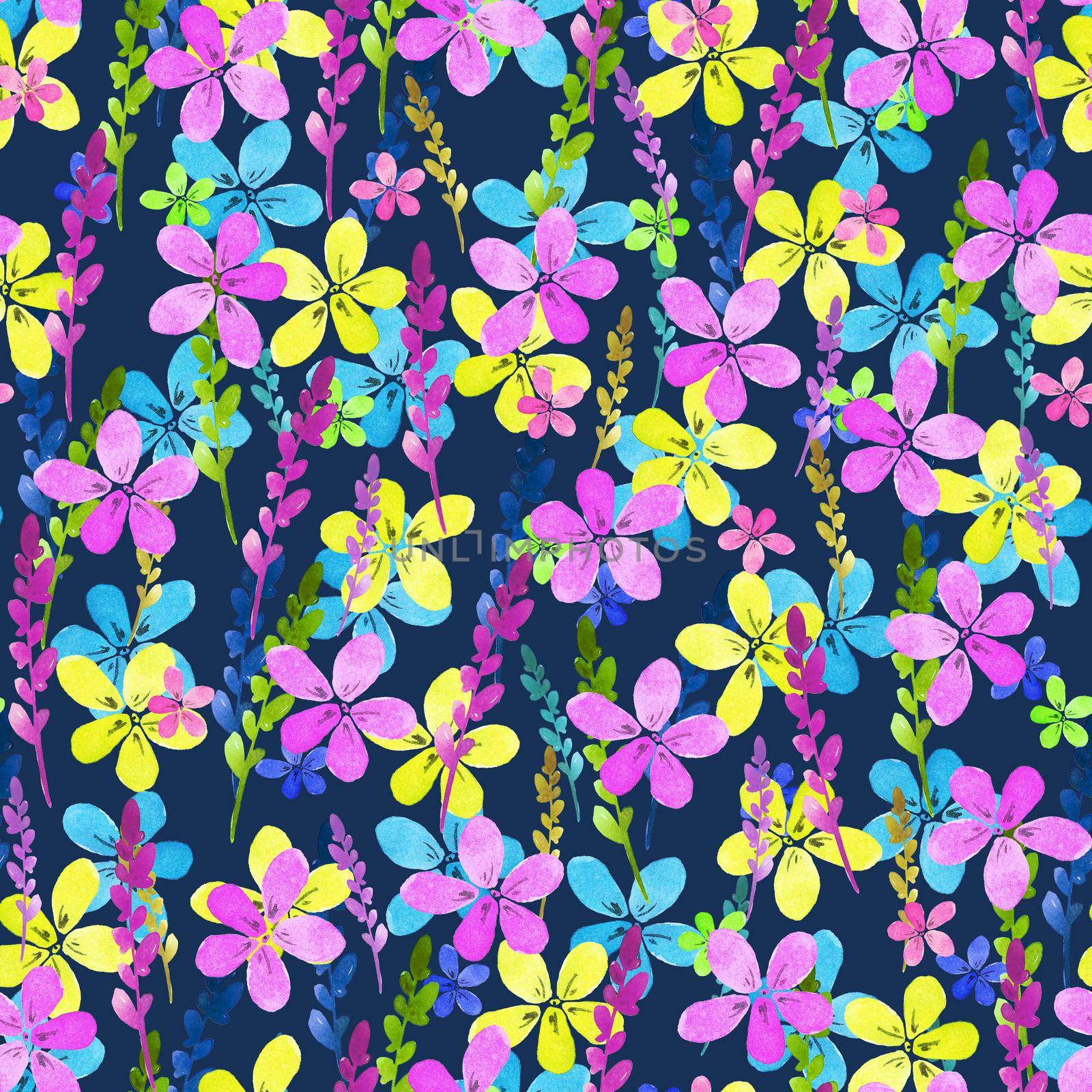 Seamless floral pattern with watercolor blue pink yellow flowers and leaves in vintage style on blue background. Hand made. Ornate for textile, fabric, wallpaper, print. Nature illustration. Painting elements.