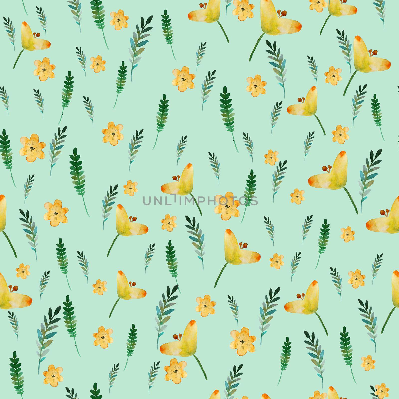 Seamless floral pattern with watercolor yellow flowers and leaves in vintage style. Hand made. Ornate for textile, fabric, wallpaper. Nature illustration. Painting elements. by DesignAB