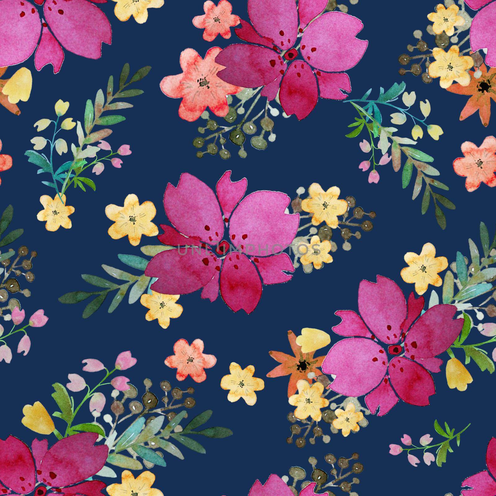 Romantic floral seamless pattern with rose flowers and leaf. Print for textile wallpaper endless. Hand-drawn watercolor elements. Beauty bouquets. Pink, red. green on blue background. by DesignAB