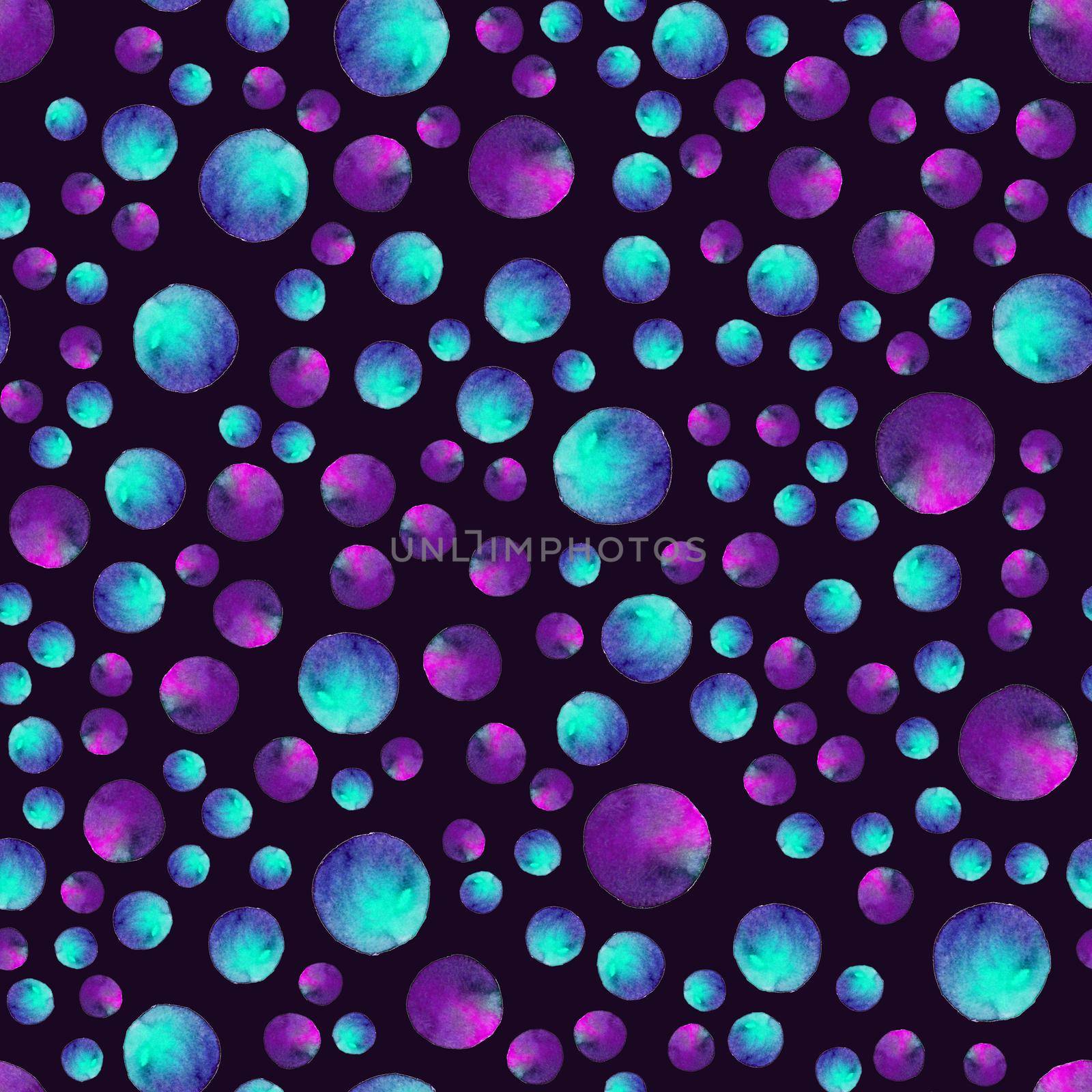 Seamless pattern. Watercolor abstract background. Watercolor round brushstrokes. On darkbackground. Colorful and endless print. Violet blue bubble gum