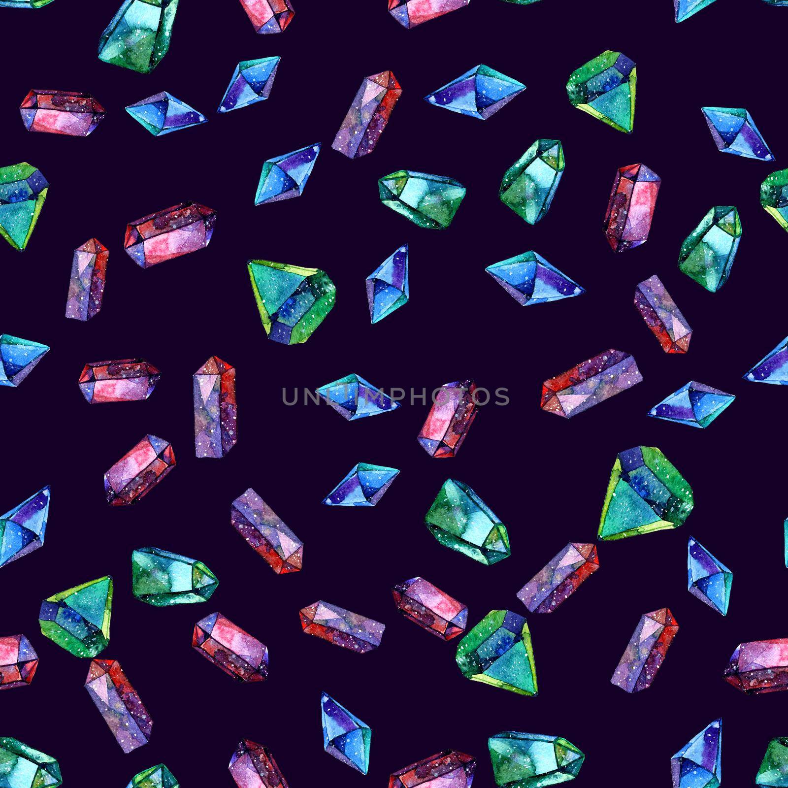 Watercolor illustration of diamond crystals - seamless pattern. Print for textile, fabric, wallpaper. Hand made painting. Jewel on dark background. Unusual modern ornate design. by DesignAB