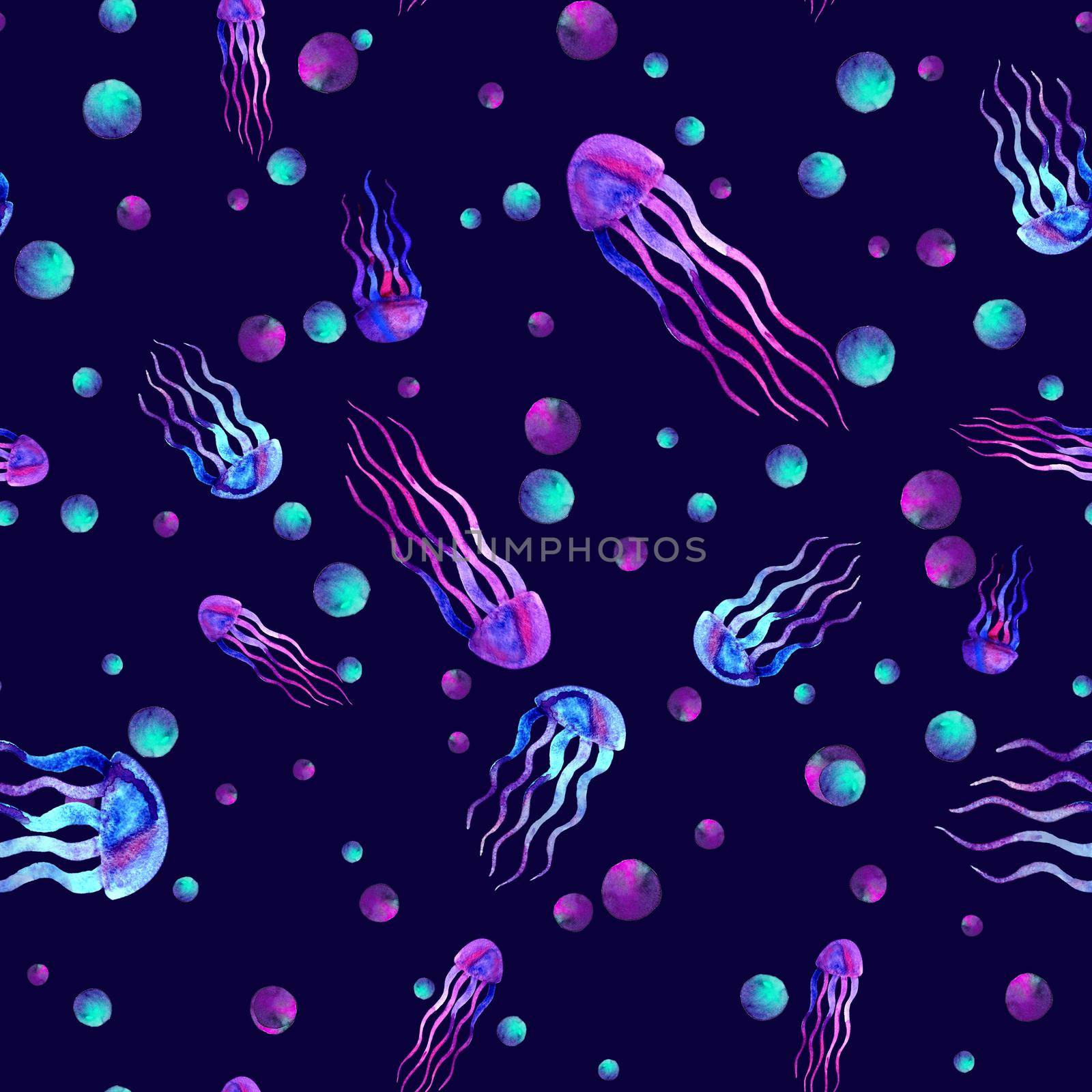 Hand drawn jellyfish. Watercolor pattern. Sea seamless element. Design on dark background. Unusual and modern. For textile, fabric wallpaper. Blue pink violet by DesignAB