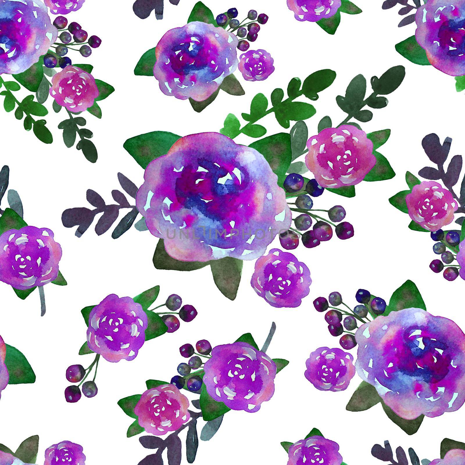 Romantic floral seamless pattern with rose flowers and leaf. Print for textile wallpaper endless. Hand-drawn watercolor elements. Beauty bouquets. Pink, violet . green on white background. Summer spring