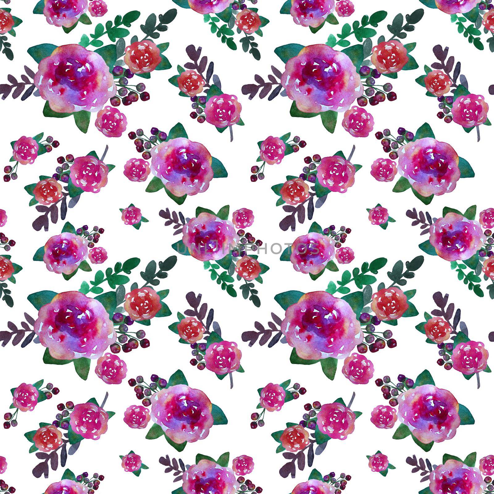 Romantic floral seamless pattern with rose flowers and leaf. Print for textile wallpaper endless. Hand-drawn watercolor elements. Beauty bouquets. Pink, red. green on white background. by DesignAB
