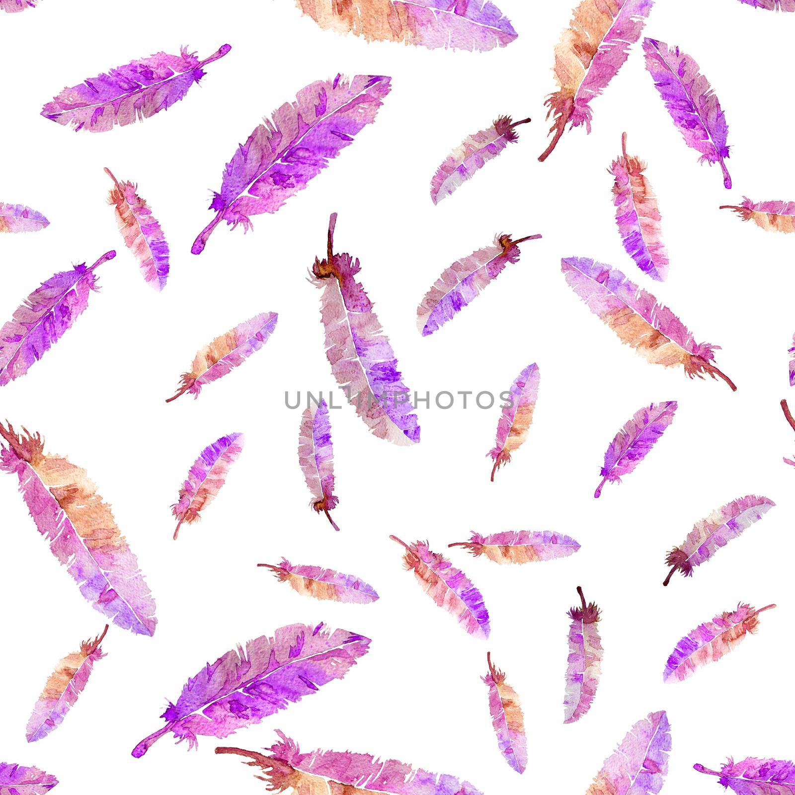 Watercolor feathers seamless pattern. Hand made element. Painting illustration. On white background. Violet pink color. Endless print wallpaper , textile. Vintage style. Modern by DesignAB