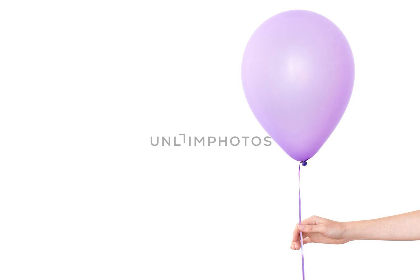 Womans hand holds purple balloon white background by Demkat