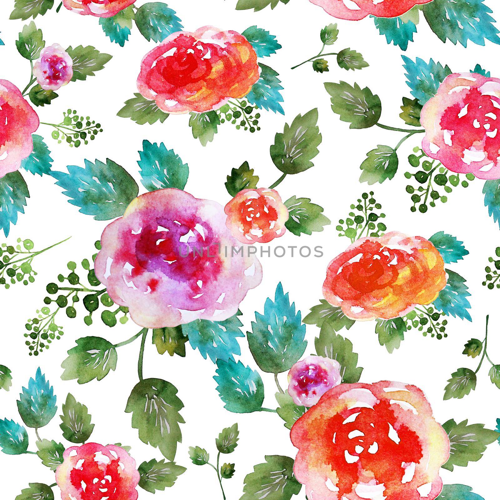Vintage floral seamless pattern with rose flowers and leaf. Print for textile wallpaper endless. Hand-drawn watercolor elements. Beauty bouquets. Pink, red. green on white background. by DesignAB