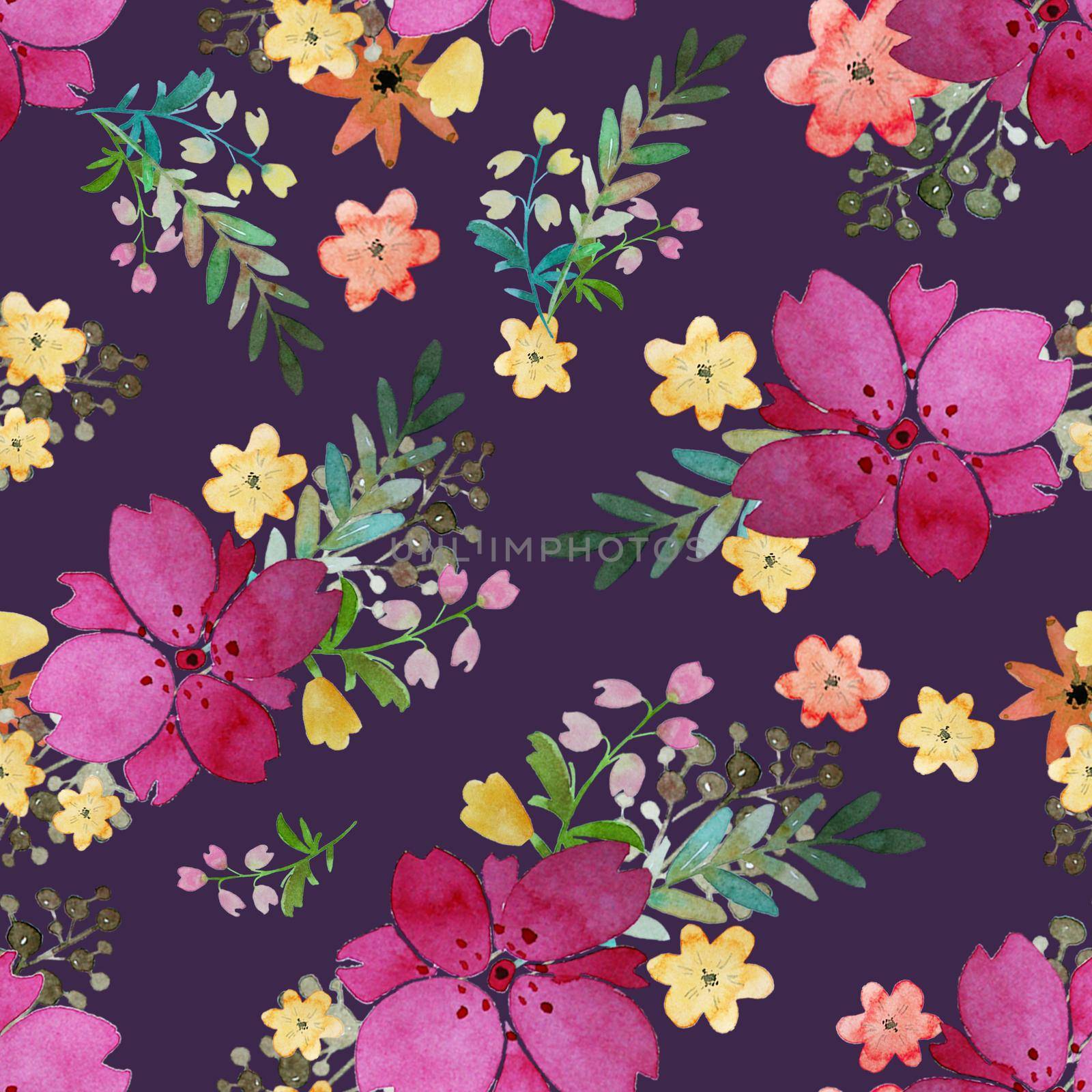Romantic floral seamless pattern with rose flowers and leaf. Print for textile wallpaper endless. Hand-drawn watercolor elements. Beauty bouquets. Pink, red. green on violet background. by DesignAB