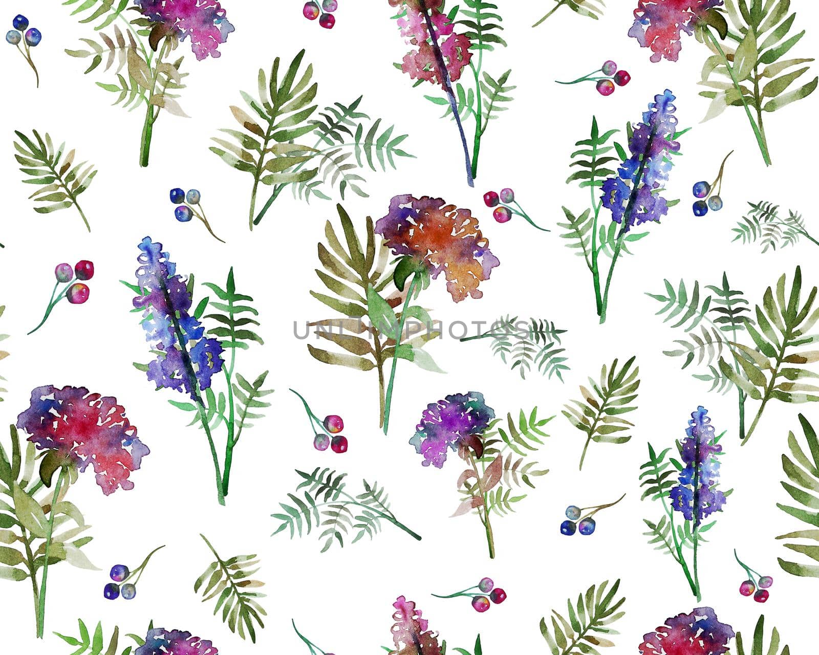 Vintage floral herbs seamless pattern with forest flowers and leaf. Print for textile wallpaper endless. Hand-drawn watercolor elements. Beauty bouquets. Pink, red. green on white background. by DesignAB