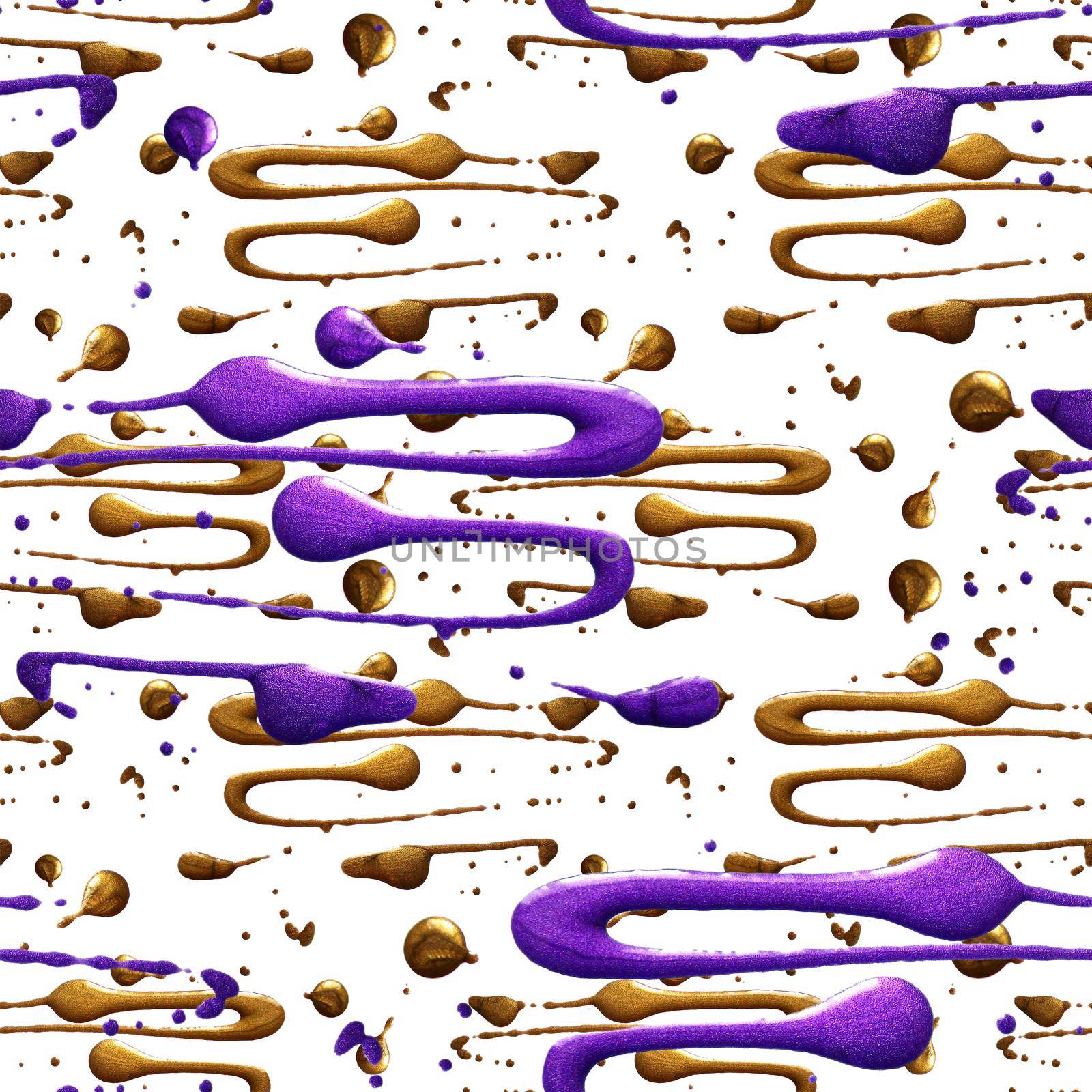 Seamless pattern with shine glitter dots. Gold and violet draw blots. Hand-made. Isolated on white background. Fabric print. 3D rendering by DesignAB