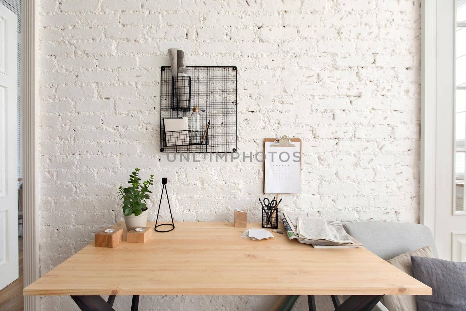 Office table with supplies copy space by Demkat