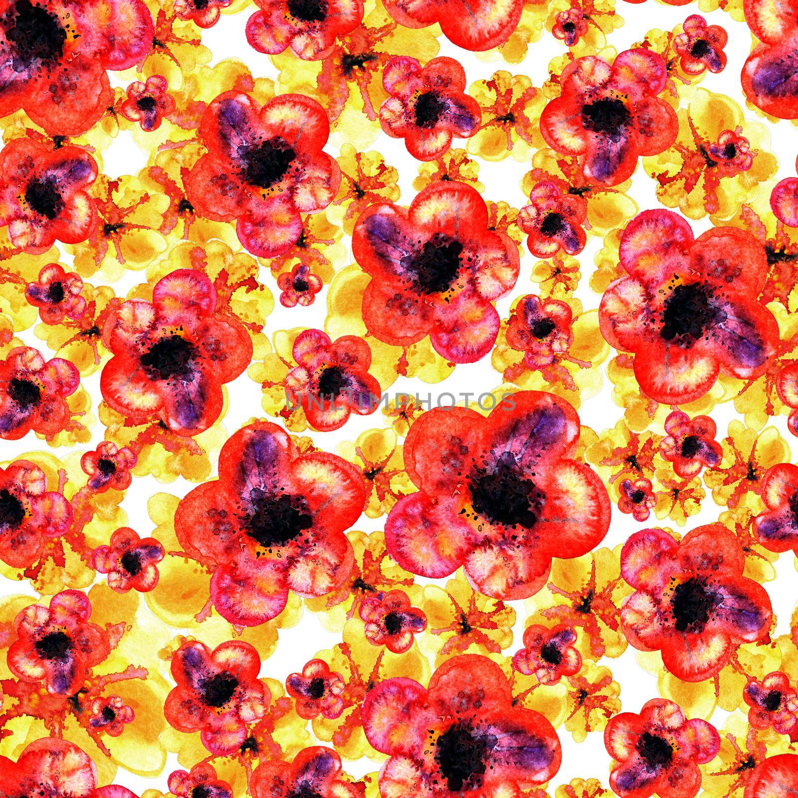 Seamless watercolor pattern of red and yellow flowers on white background endless