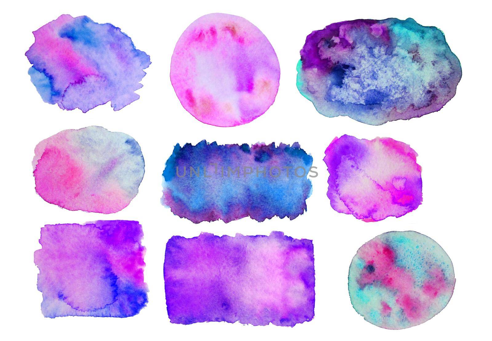 illustration. . Colorful watercolor splashes isolated on white background. Rainbow blots. Hand drawn geometric elements. Bright and teen. Brush paint. Set of 17 spots