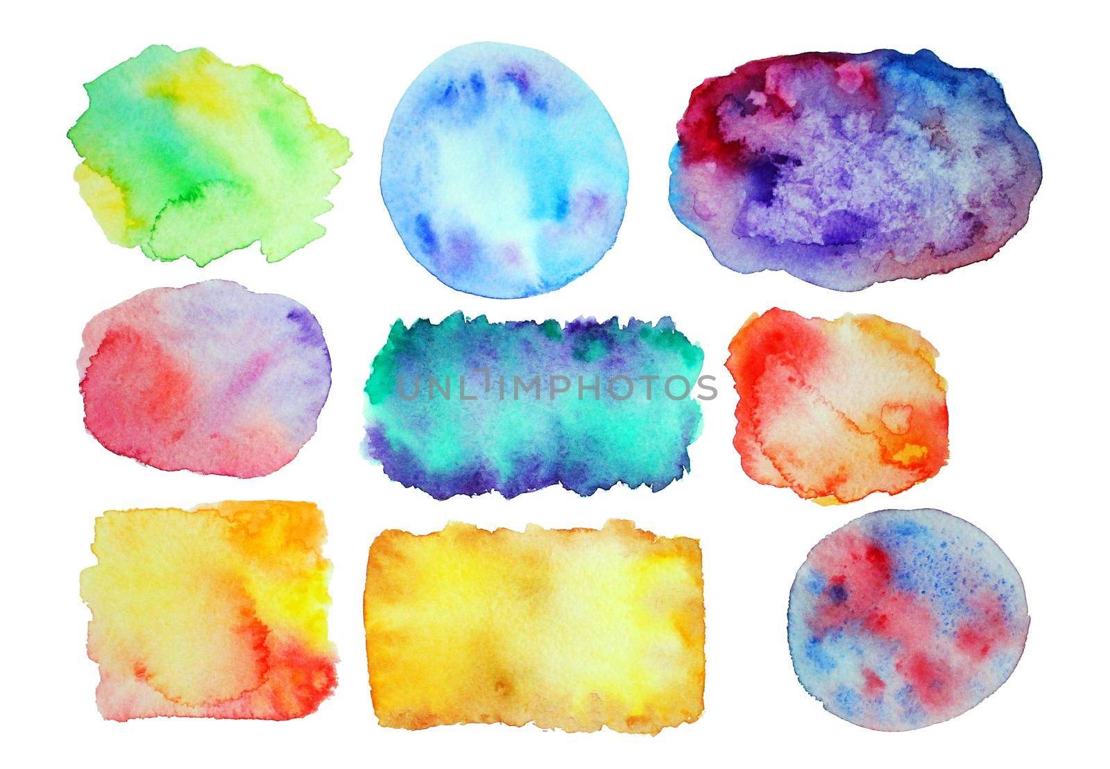 illustration. . Colorful watercolor splashes isolated on white background. Rainbow blots. Hand drawn geometric elements. Bright and teen. Brush paint. Set of 17 spots