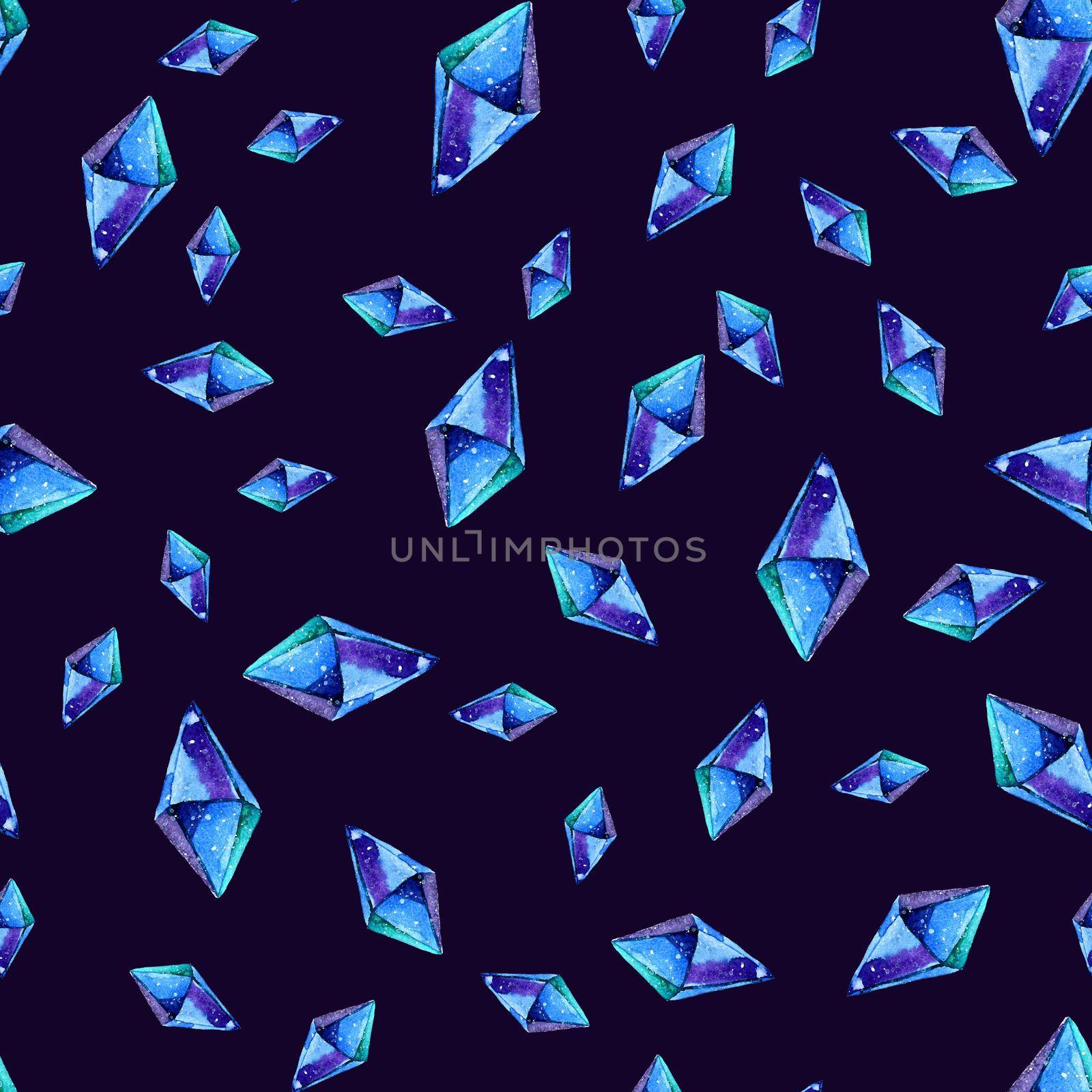 Watercolor illustration of diamond crystals - seamless pattern. Print for textile, fabric, wallpaper. Hand made painting. Jewel on dark background. Unusual modern ornate design. by DesignAB