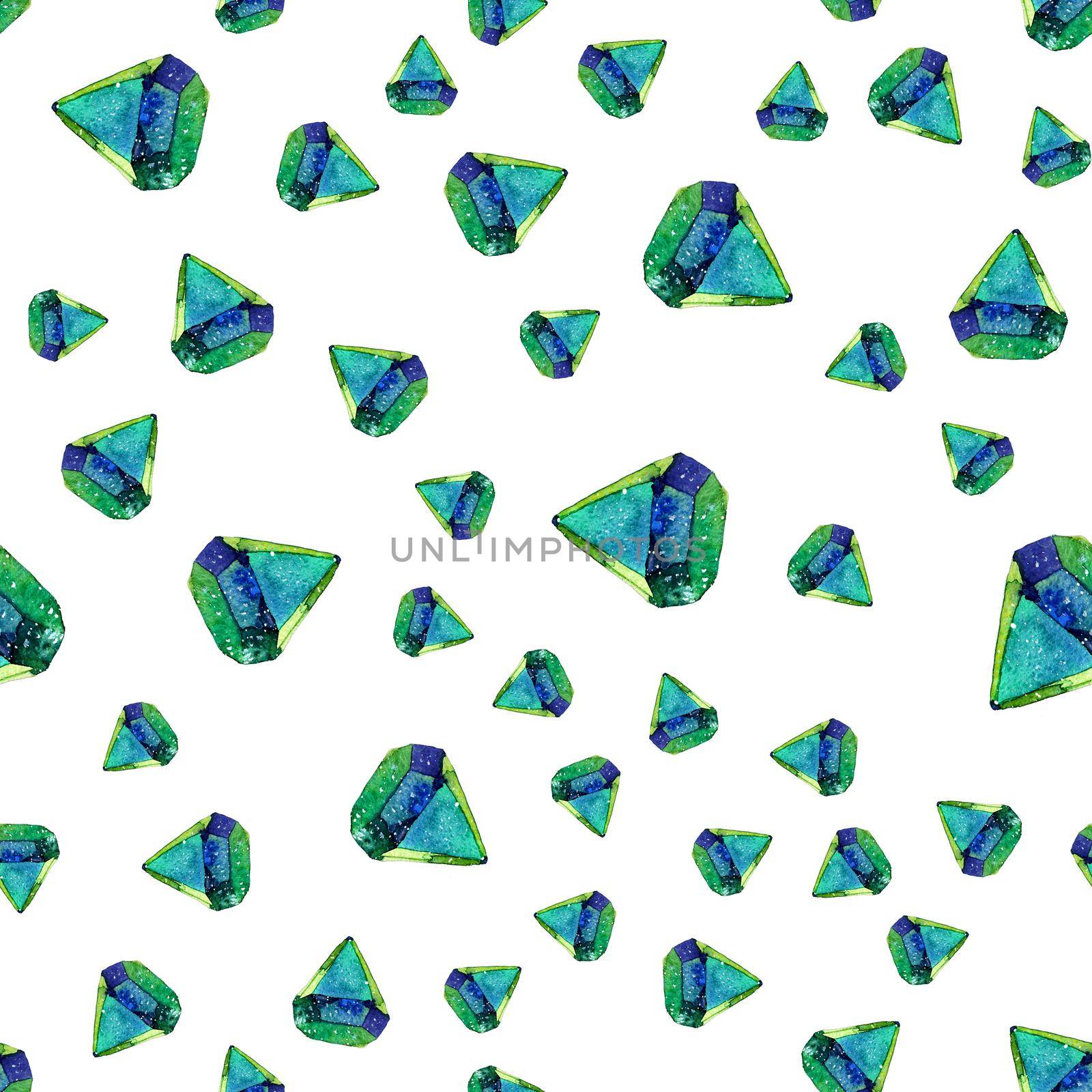 Watercolor illustration of diamond crystals - seamless pattern. Print for textile, fabric, wallpaper. Hand made painting. Jewel on white background. Unusual modern ornate.