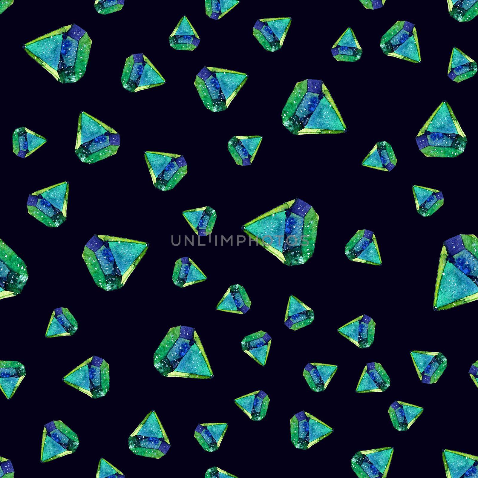 Watercolor illustration of diamond crystals - seamless pattern. Print for textile, fabric, wallpaper. Hand made painting. Jewel on dark background. Unusual modern ornate design. by DesignAB