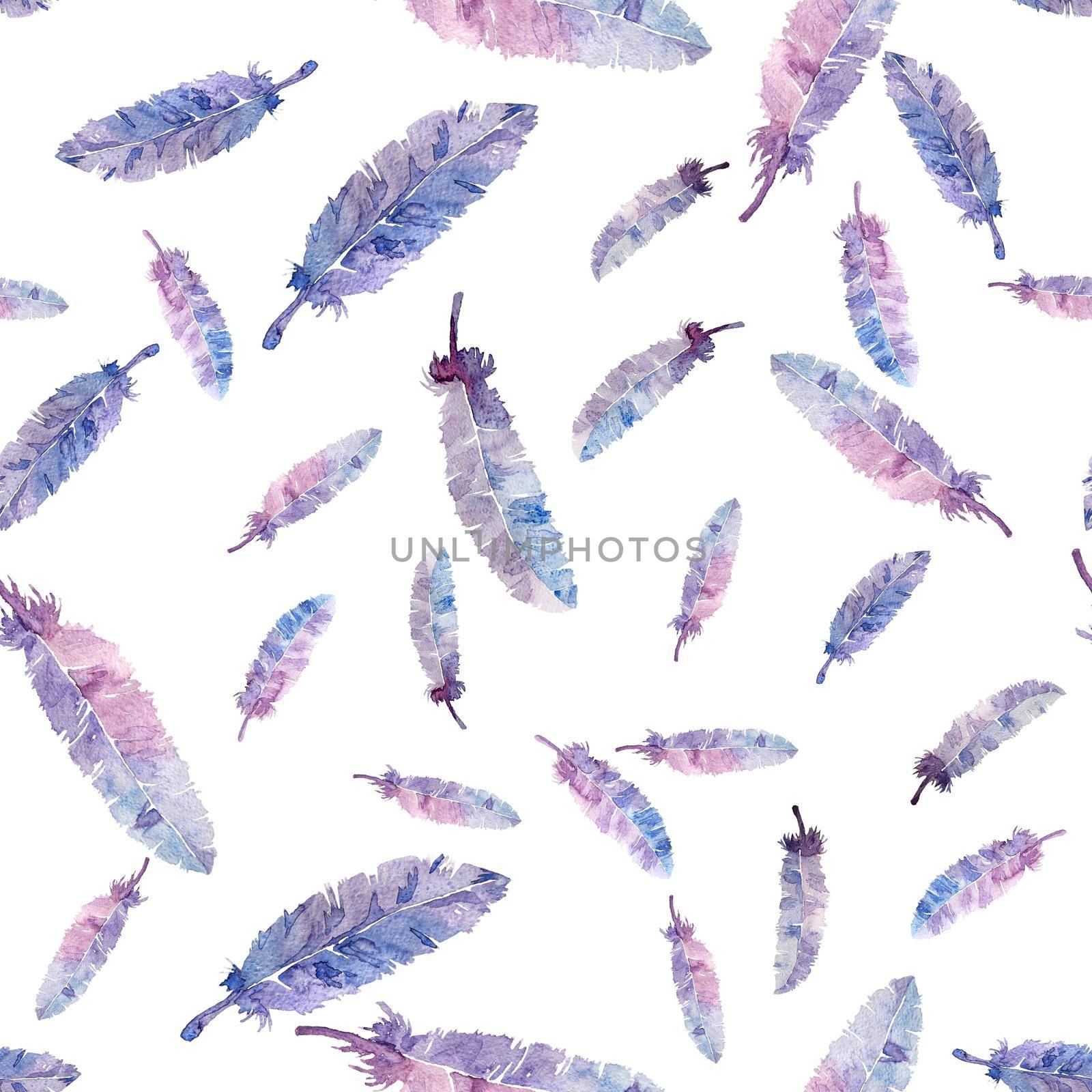 Watercolor feathers seamless pattern. Hand made element. Painting illustration. On white background. Violet blue pink color. Endless print wallpaper , textile. Vintage style.