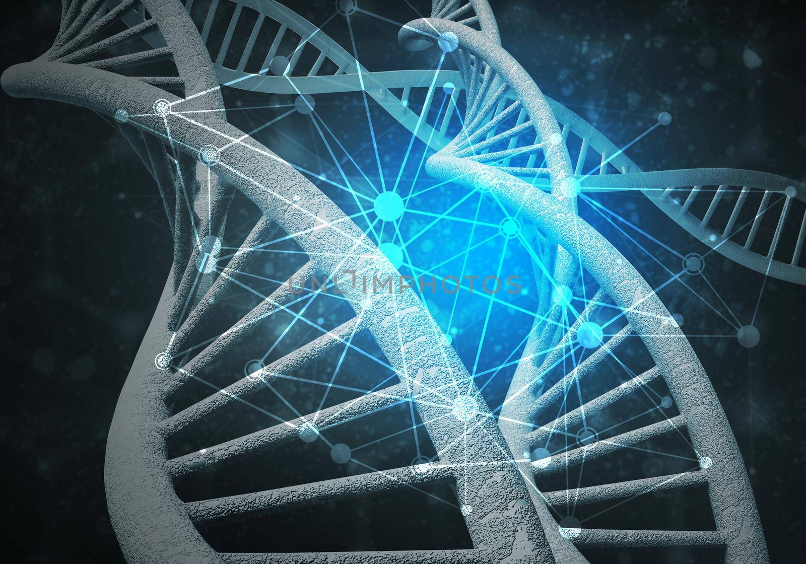Background image with DNA molecule research concept. 3D rendering
