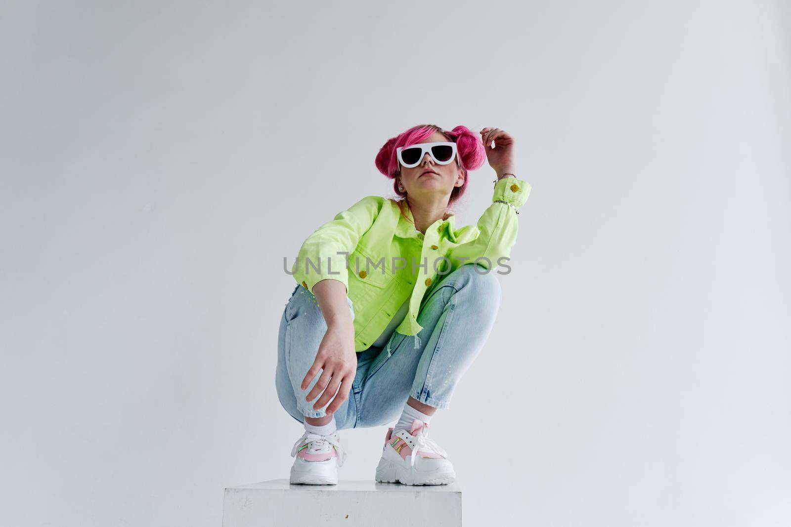 cheerful woman pink hair posing fashion clothes studio model by Vichizh