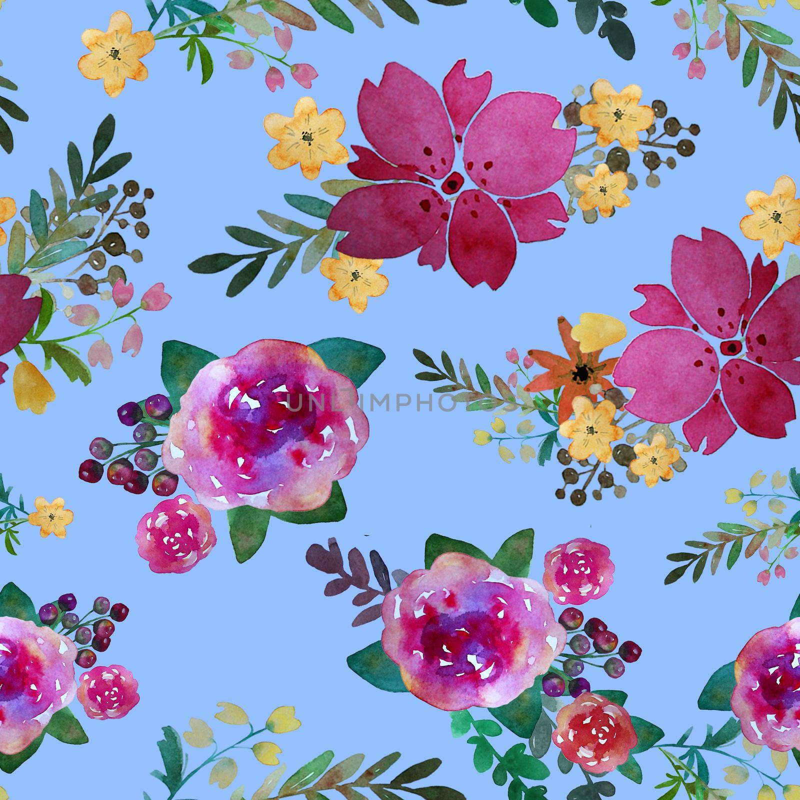 Romantic floral seamless pattern with rose flowers and leaf. Print for textile wallpaper endless. Hand-drawn watercolor elements. Beauty bouquets. Pink, red. green on blue background. by DesignAB