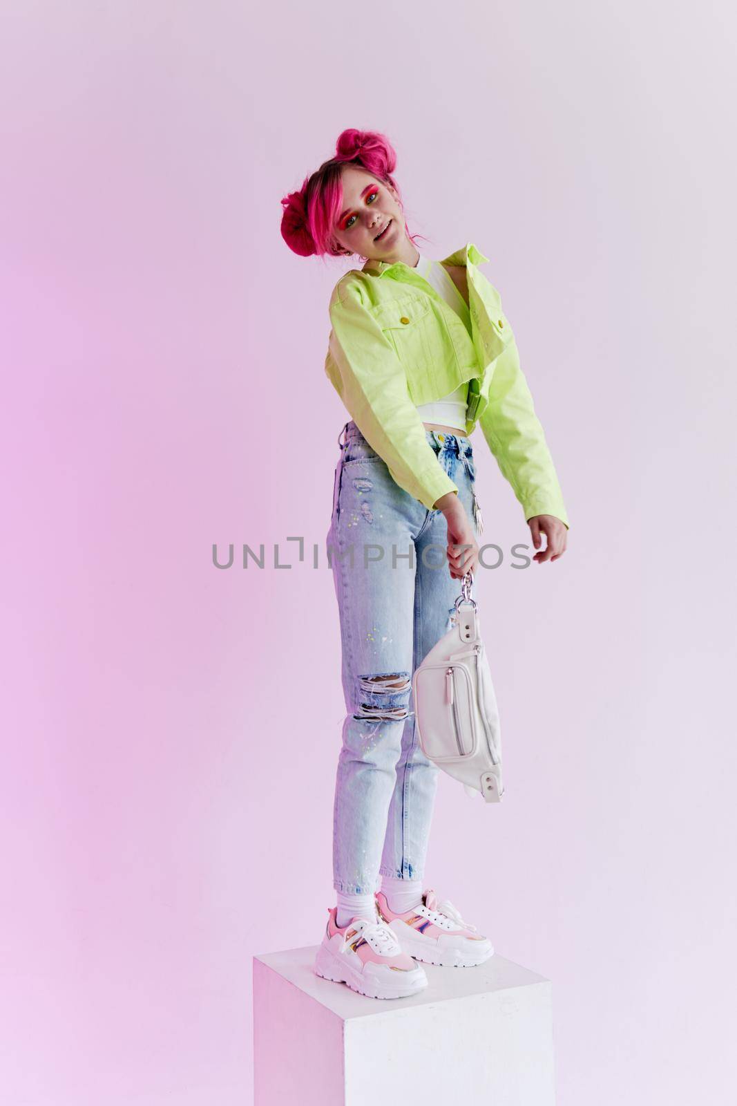 cheerful woman bright makeup posing poster stylish clothing by Vichizh