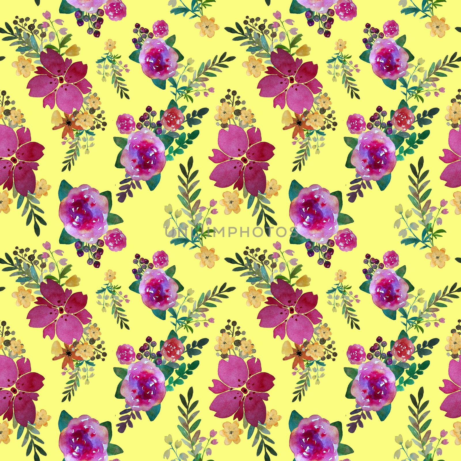 Romantic floral seamless pattern with rose flowers and leaf. Print for textile wallpaper endless. Hand-drawn watercolor elements. Beauty bouquets. Pink, red. green on yellow background. by DesignAB