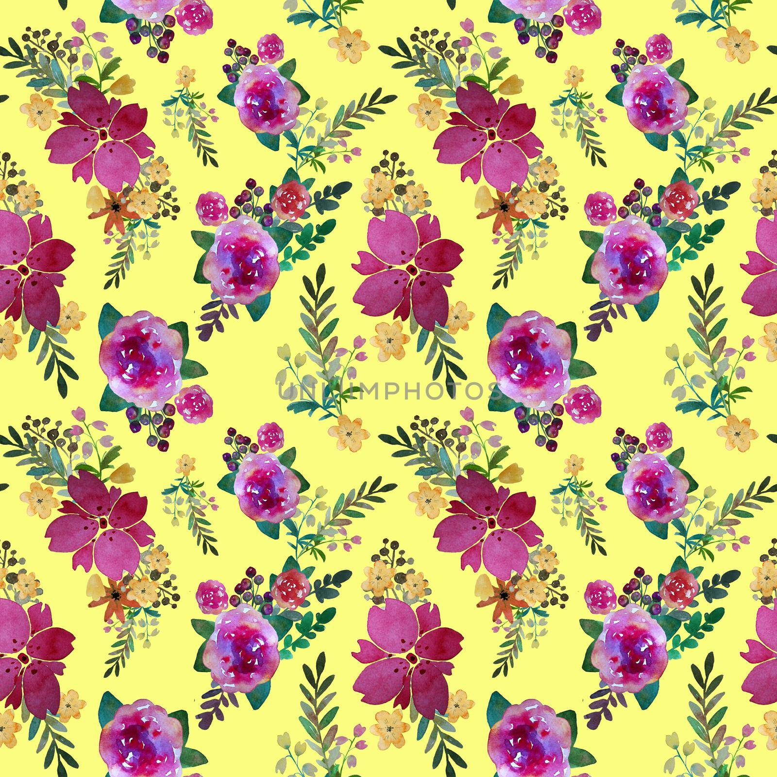 Romantic floral seamless pattern with rose flowers and leaf. Print for textile wallpaper endless. Hand-drawn watercolor elements. Beauty bouquets. Pink, red. green on yellow background. Summer spring